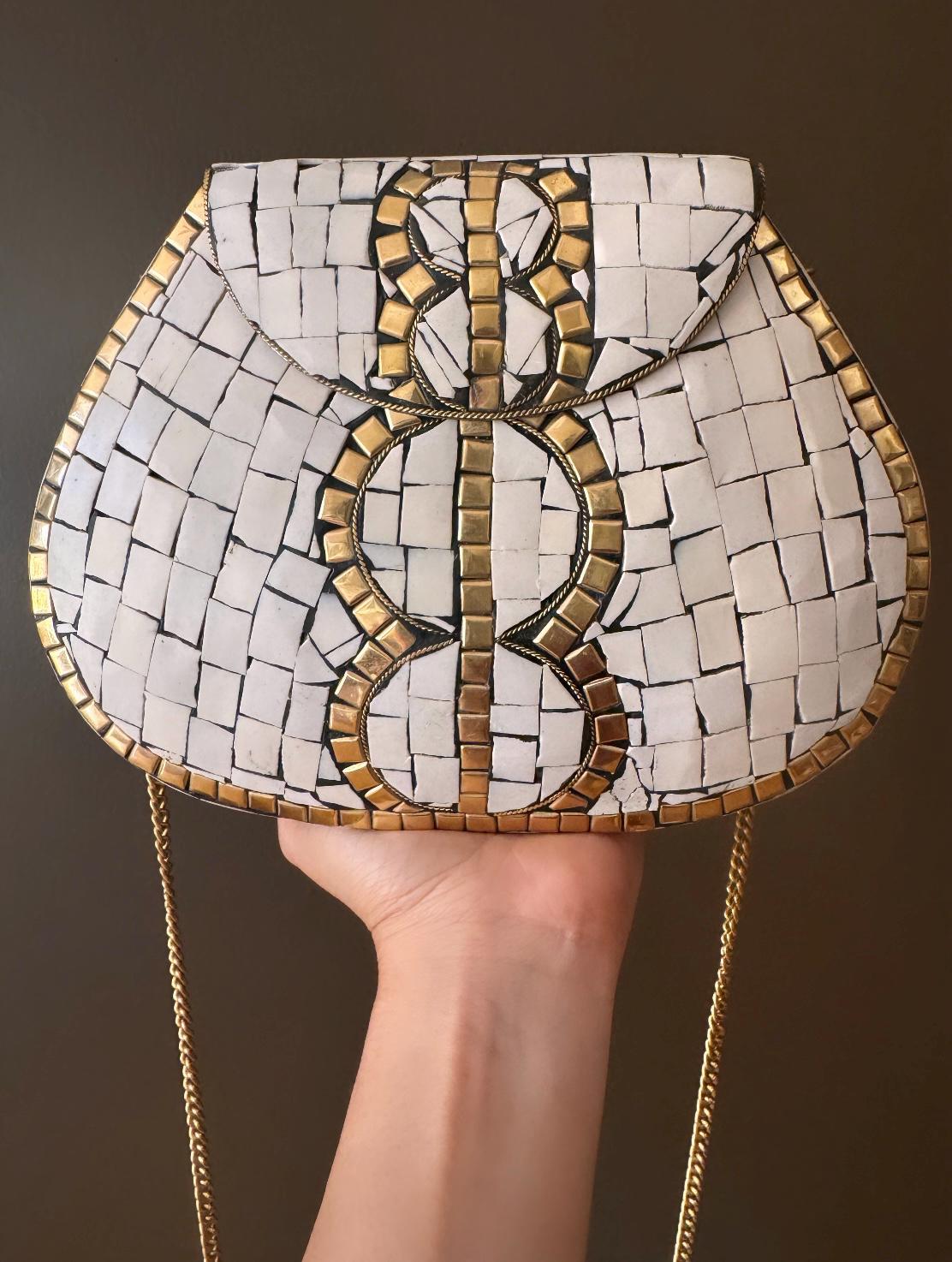 Handcrafted White and Gold Mother of Pearl Mosaic Clutch - Unique Shell Purse with Gold Strap - Elegant Statement Piece for Formal Events