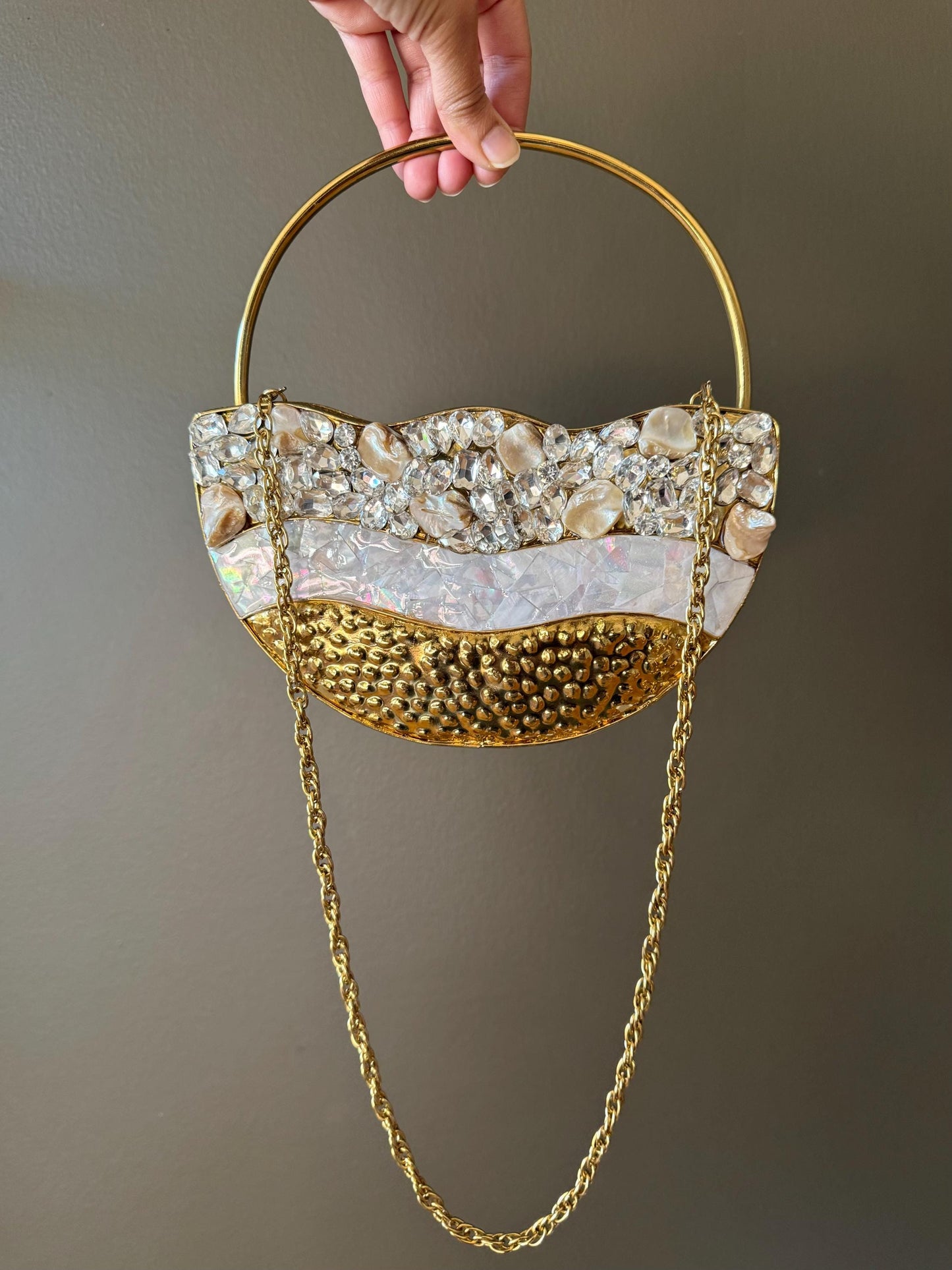 Unique Handmade Gold Crystal Evening Clutch Bag - Perfect for Special Occasions. Metal Clutch with Pearl & Gemstone Embellishments. LAST PC