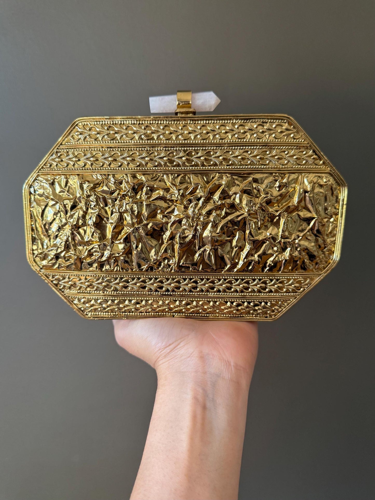 Handmade Gold Clutch – Mother of Pearl, Crystal & Rose Quartz Closure, Unique Evening Bag, Bridal Purse, Statement Handbag, Only 1 left.