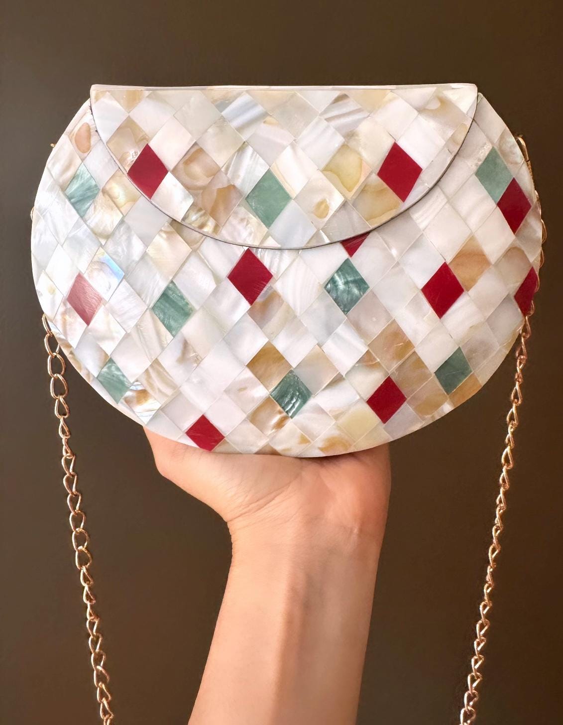 Timeless Elegance: Handmade Mosaic Clutch Purse with Vintage Metal & Mother of Pearl | Unique Indian Sling Bag - A Special Gift for Her