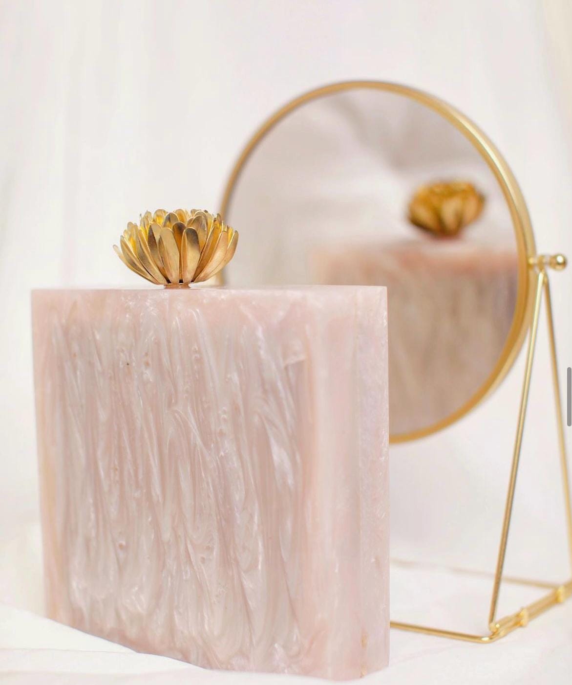 Elegant Handcrafted Nude Pearlized Marble Sahara Clutch with Detachable Vintage-Style Golden Lotus Closure and Versatile Gold Chain, Resin