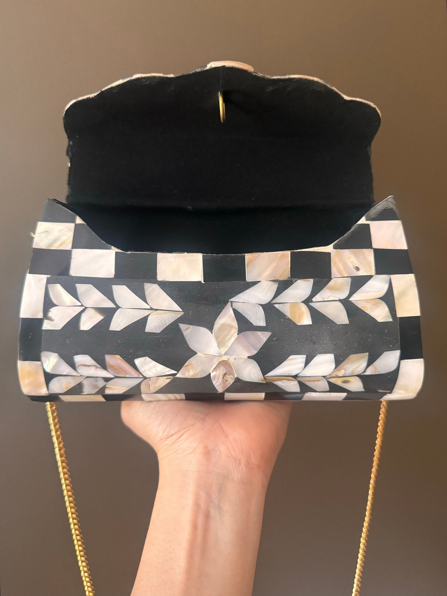 Handcrafted Mother of Pearl Clutch Bag - Black & White Checkerboard with Floral Design, Elegant Evening Purse with Gold Chain, Vintage Purse