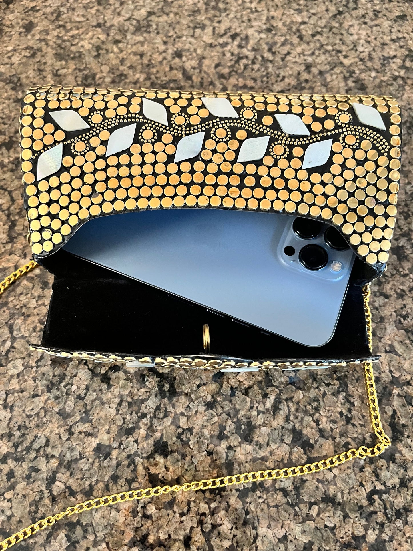Handmade Mosaic Clutch Purse – Golden Metal Sling Bag, Indian Vintage-Inspired Evening Accessory. Wedding Evening Accessory. Festive Clutch