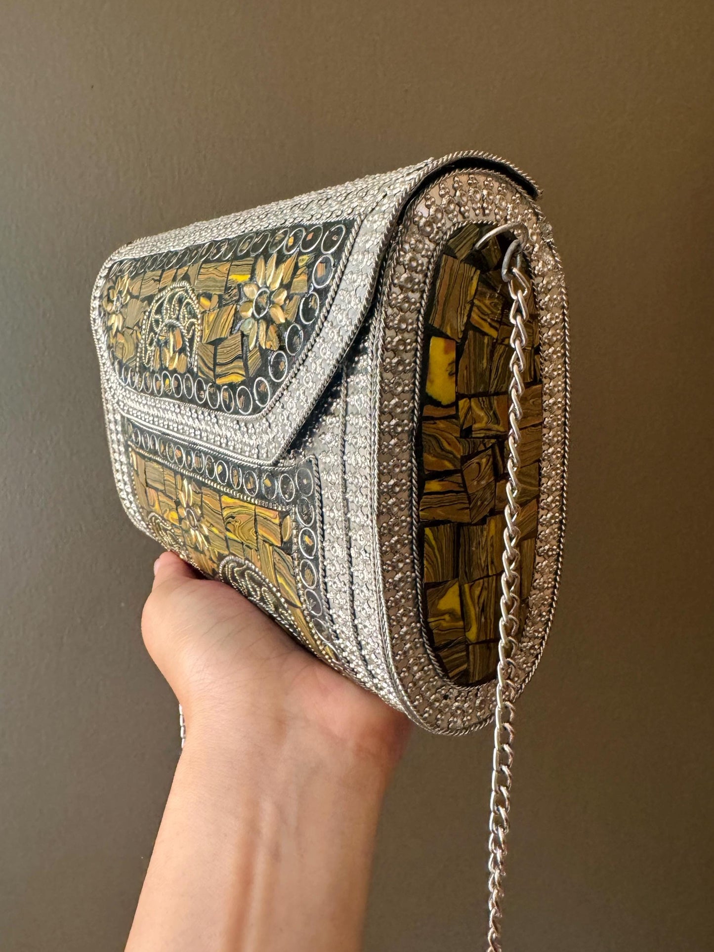 Luxury Handcrafted Golden Tiger Eye and Silver Metal Clutch Bag - Unique Artisan Boho Purse for Formal Events and Night Out