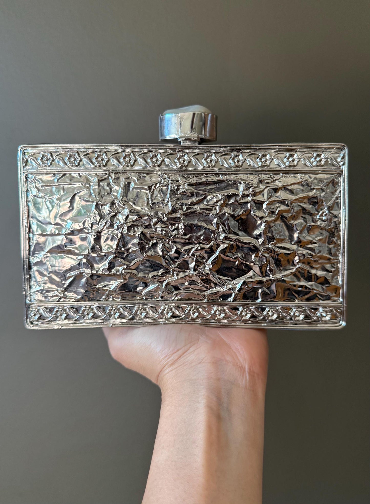 Elegant Handmade Clutch Purse - Mother of Pearl & Crystal Embellished, Silver Metal Frame, Chain Strap - Unique Evening Bag, Gift Ready