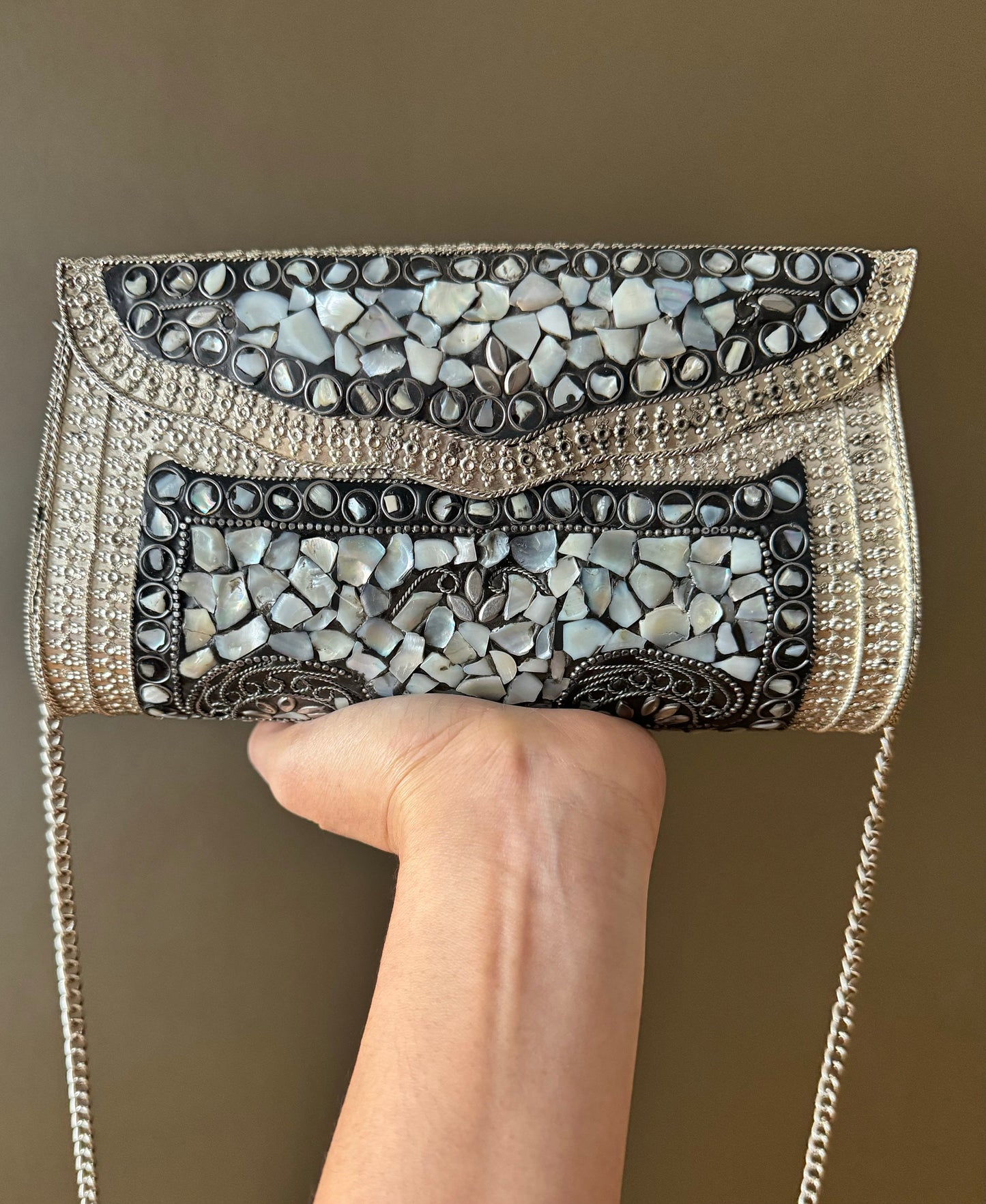 Mosaic Clutch, Antique Purse | Metal Clutch | Indian Handmade Sling Bag | Vintage Style Purse | Handmade Clutch, Mother of Pearl Purse