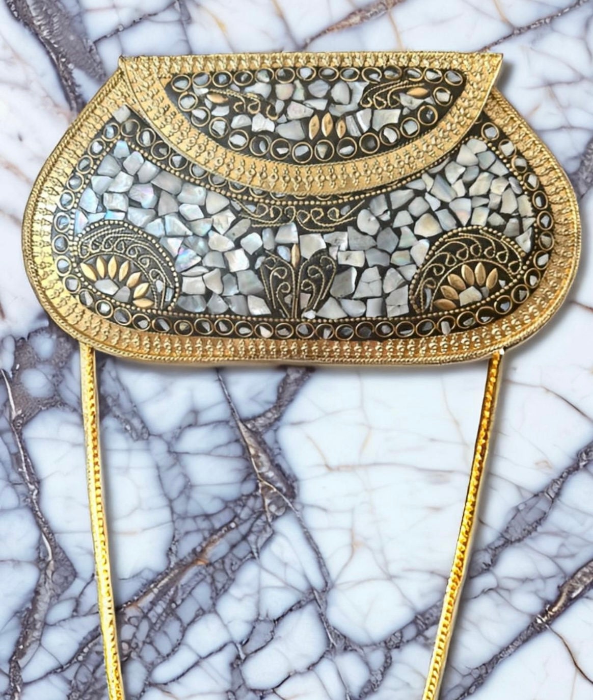 Chic Iridescent Mother-of-Pearl Mosaic Clutch with Elegant Gold Chain - Perfect Evening Accessory, Glamorous Mosaic Handcrafted Clutch
