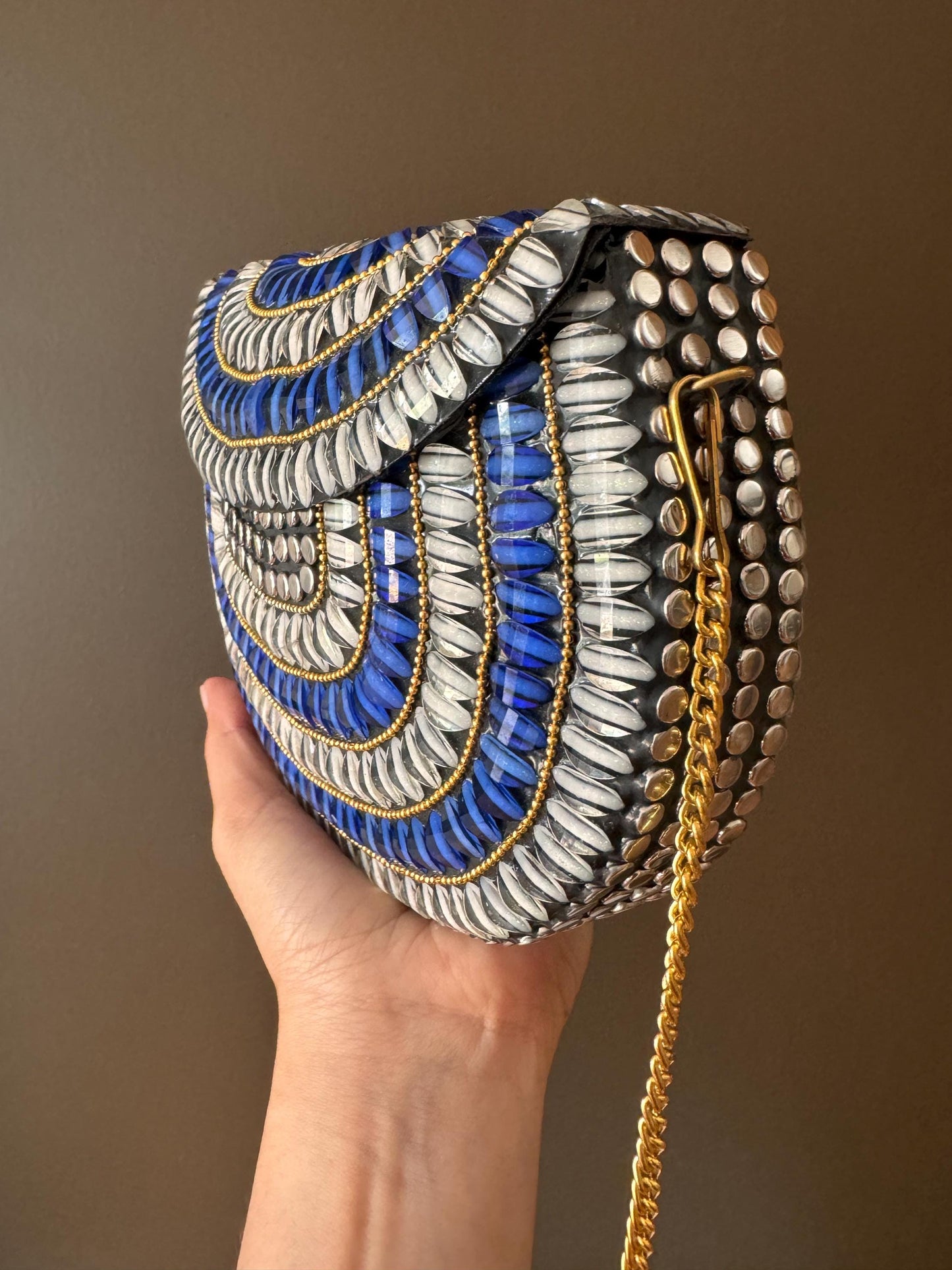 Handmade Beaded Clutch - Blue & Silver Mosaic Evening Purse with Gold Chain | Boho Chic Statement Bag | Unique Handmade Gift