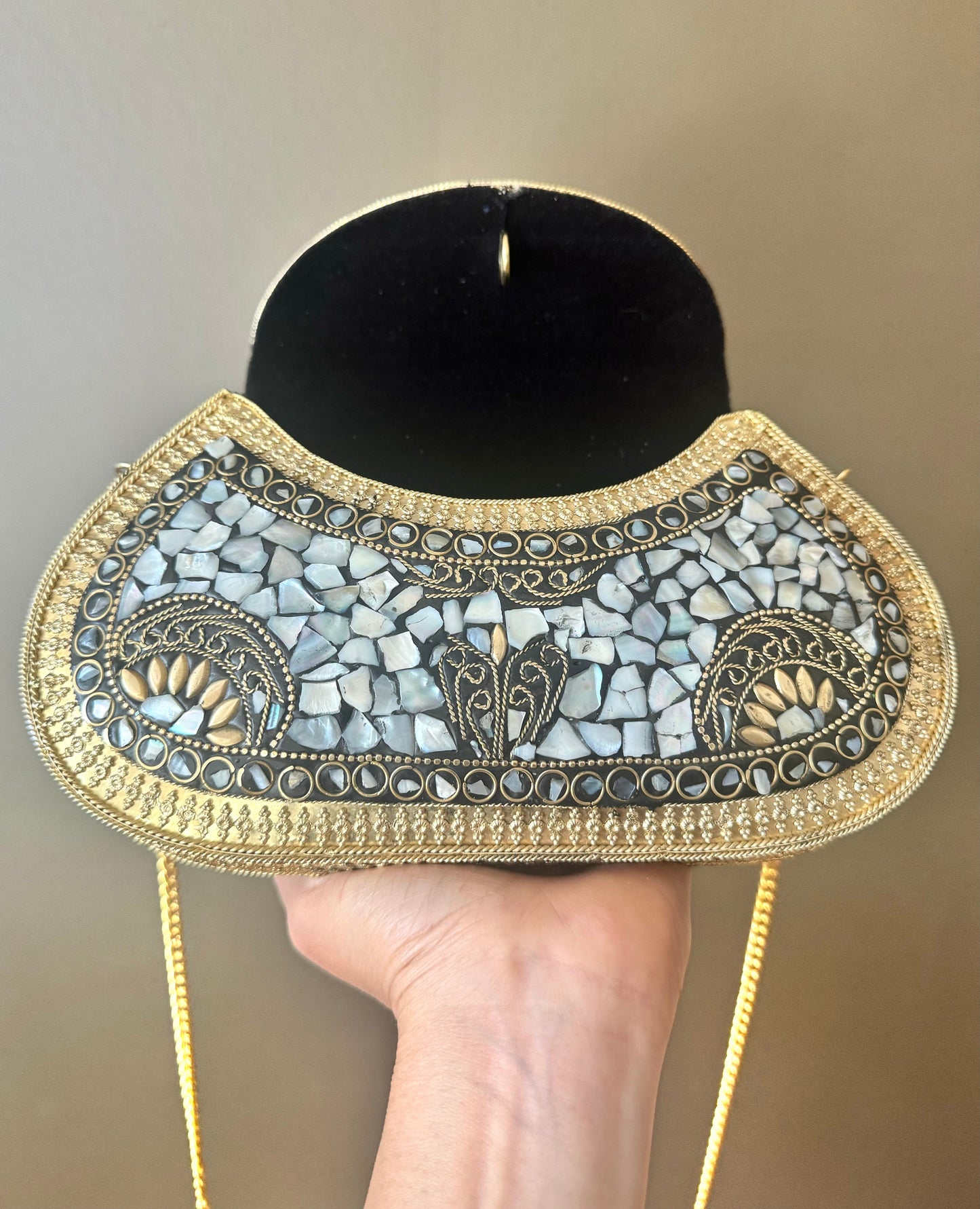 Chic Iridescent Mother-of-Pearl Mosaic Clutch with Elegant Gold Chain - Perfect Evening Accessory, Glamorous Mosaic Handcrafted Clutch