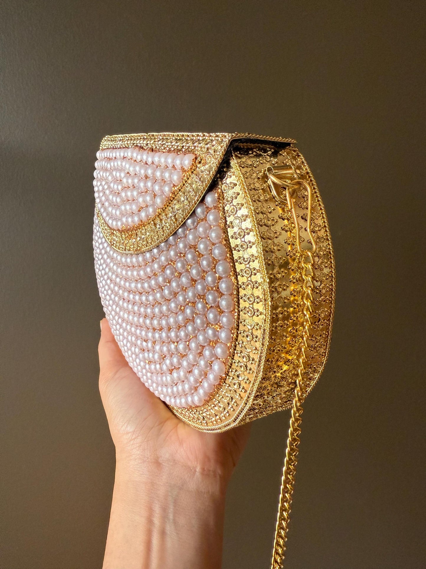 Luxury Pearl and Gold Clutch Purse | Handmade Bridal, Wedding & Evening Handbag | Elegant Party Purse with Chain Strap. Metal Purse. Clutch