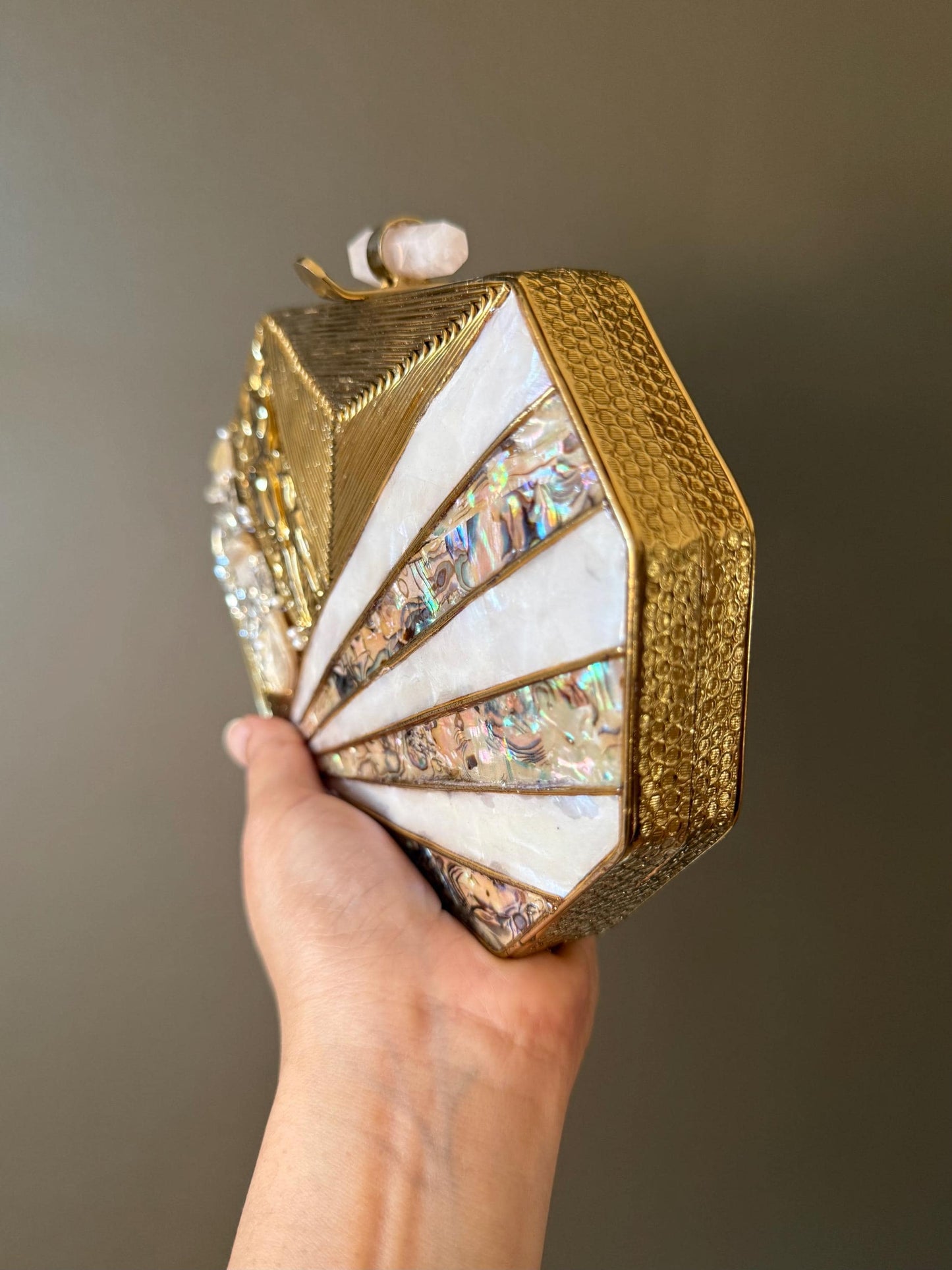 Handmade Gold Clutch – Mother of Pearl, Crystal & Rose Quartz Closure, Unique Evening Bag, Bridal Purse, Statement Handbag, Only 1 left.