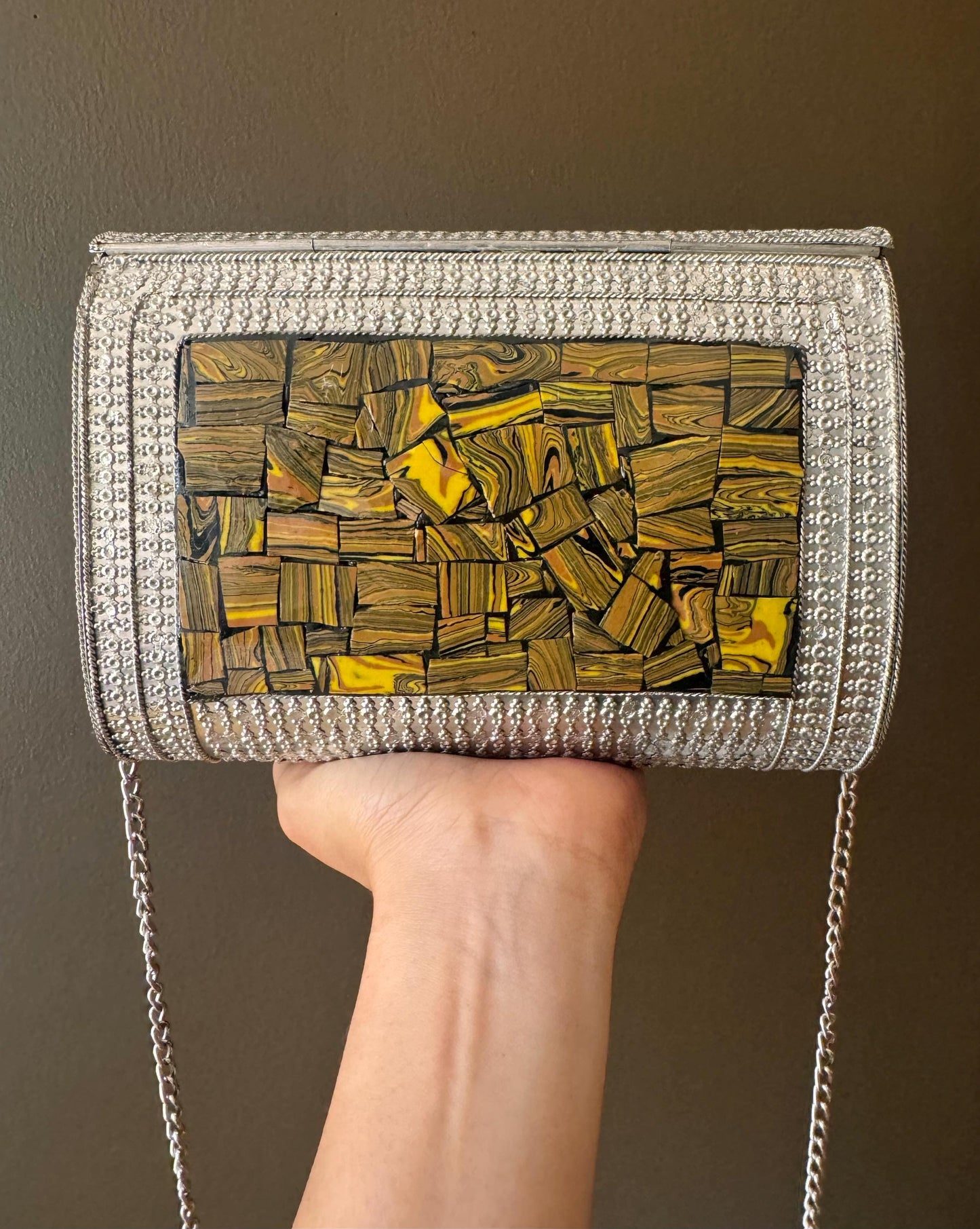 Luxury Handcrafted Golden Tiger Eye and Silver Metal Clutch Bag - Unique Artisan Boho Purse for Formal Events and Night Out