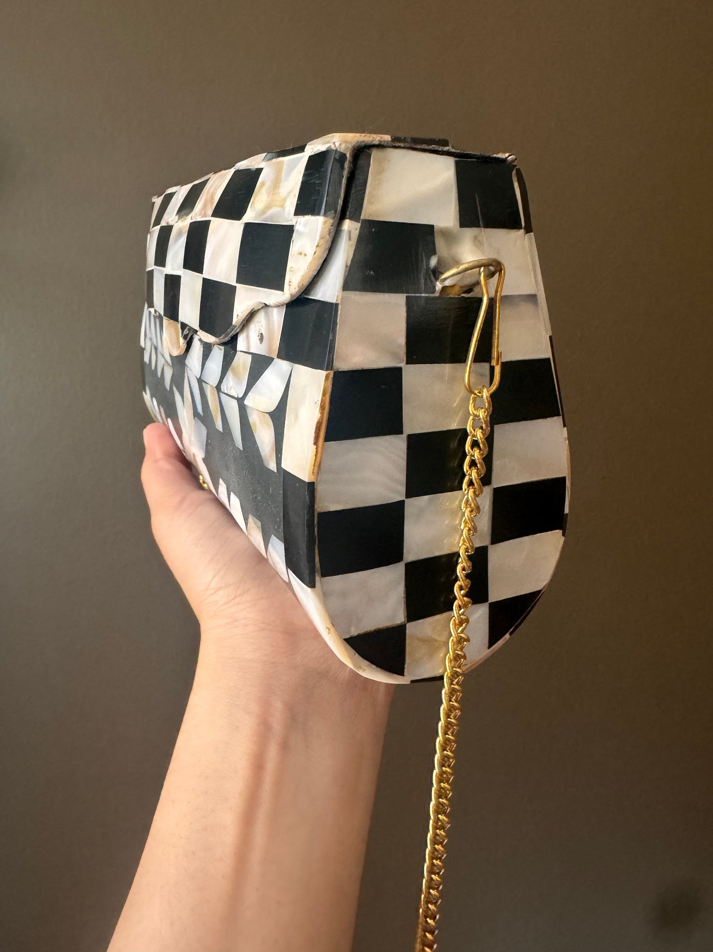 Handcrafted Mother of Pearl Clutch Bag - Black & White Checkerboard with Floral Design, Elegant Evening Purse with Gold Chain, Vintage Purse