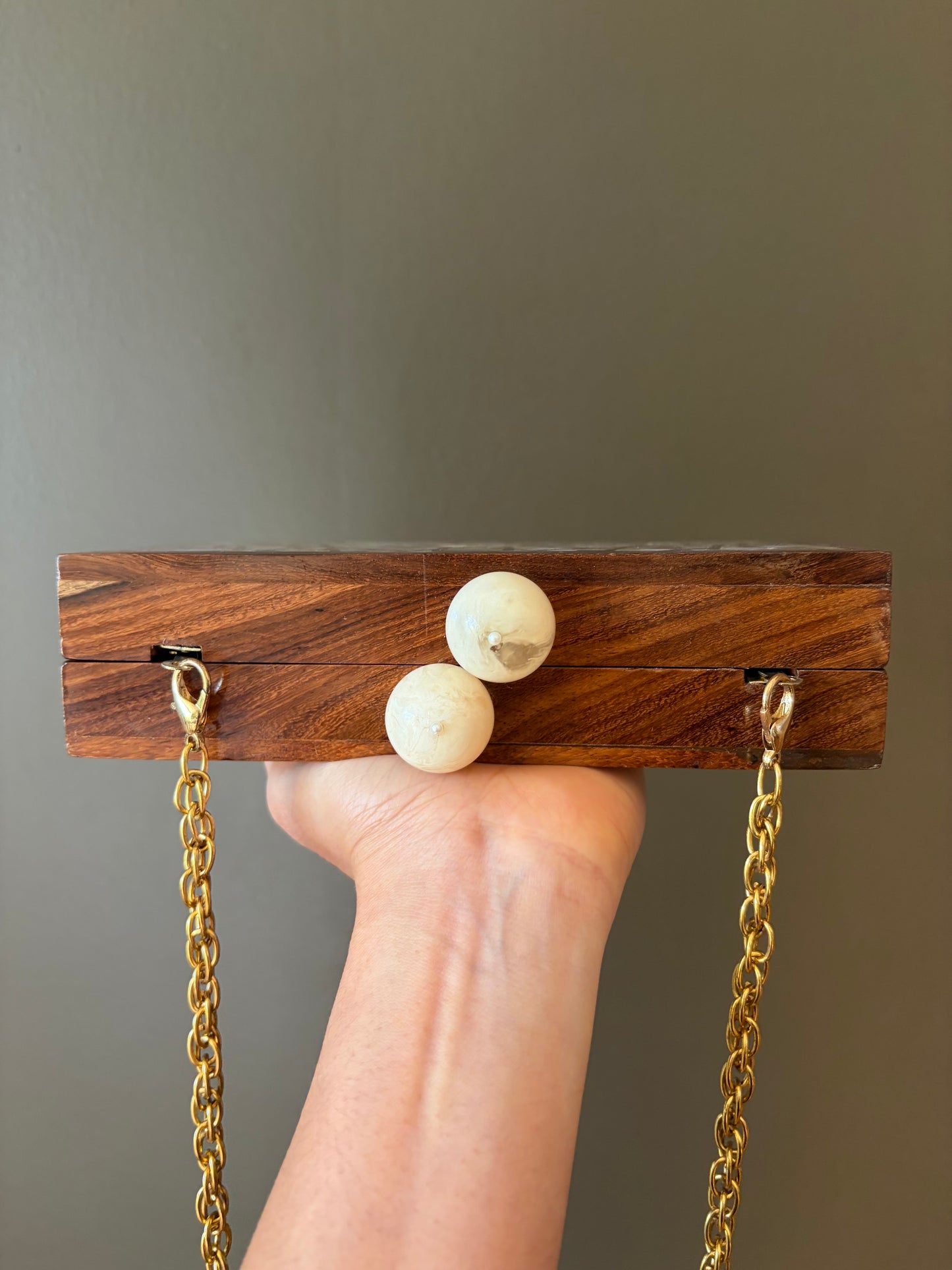 Handcrafted Wooden Mother of Pearl Clutch | Geometric Inlay Box Purse | Luxury Evening Bag with Gold Chain
