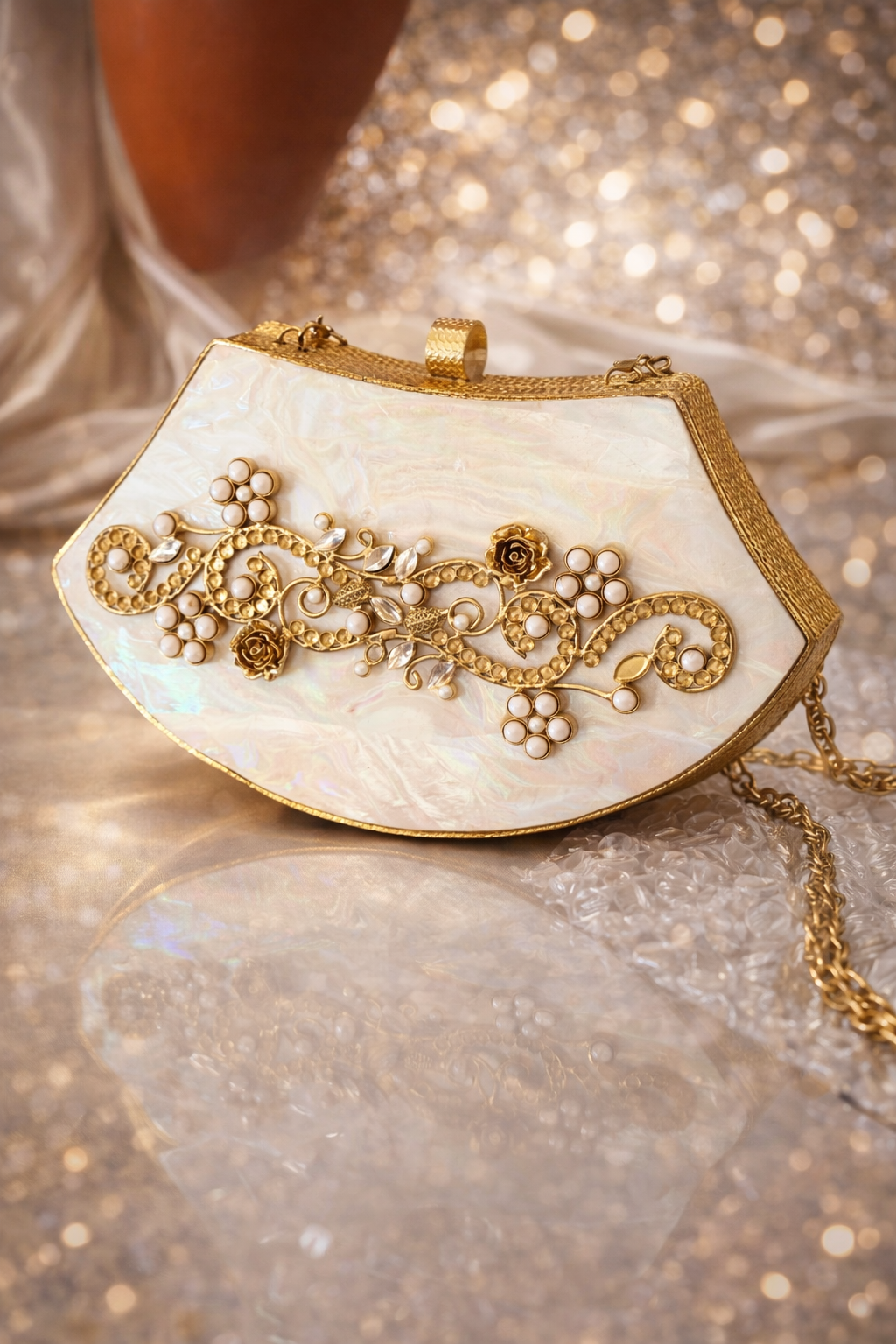 Mother-of-Pearl Gold Embellished Clutch Purse with Pearls & Floral Detailing
