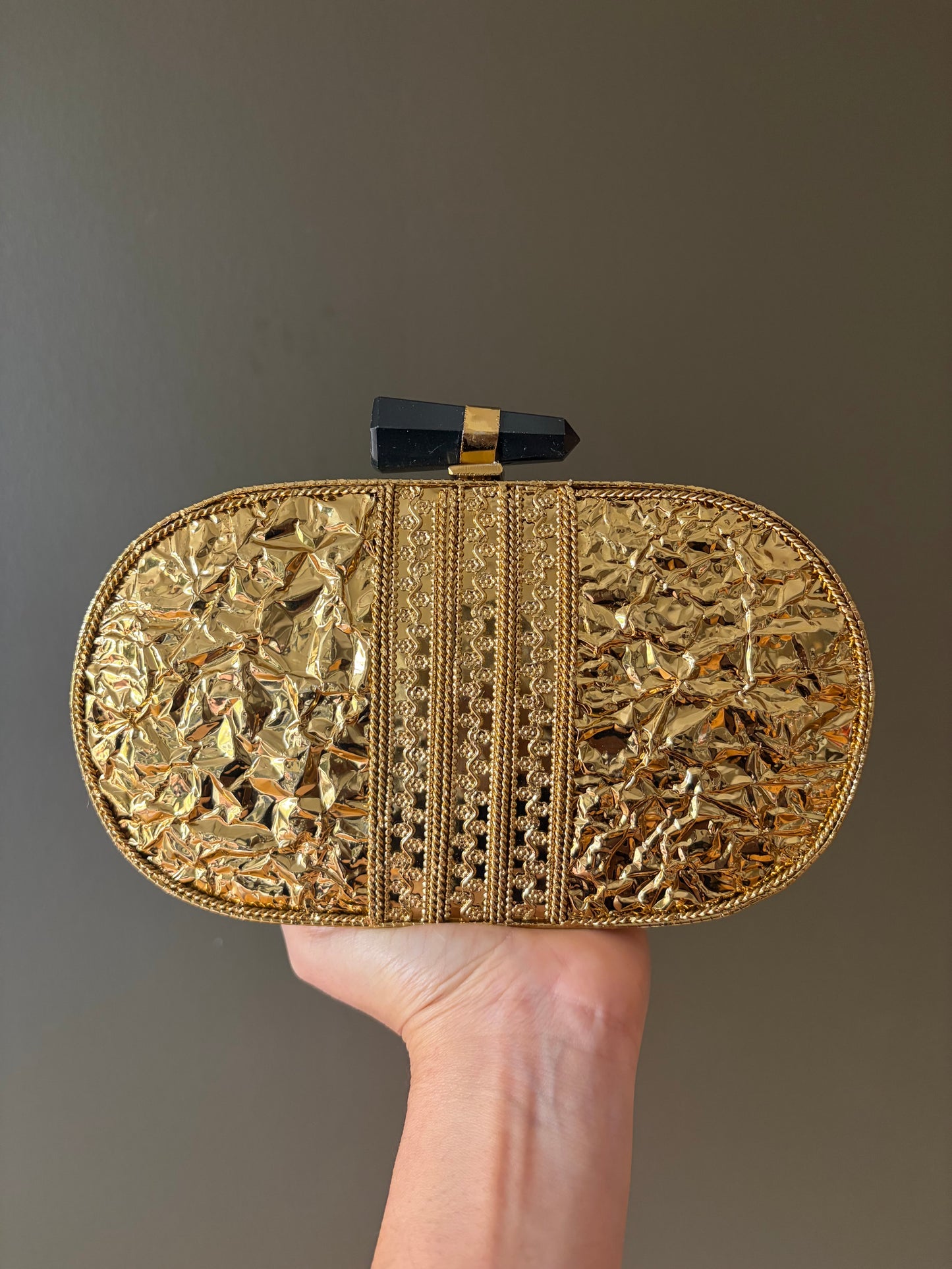 Handmade Mother of Pearl Clutch | Crystal Inlay, Black Stone Clasp
