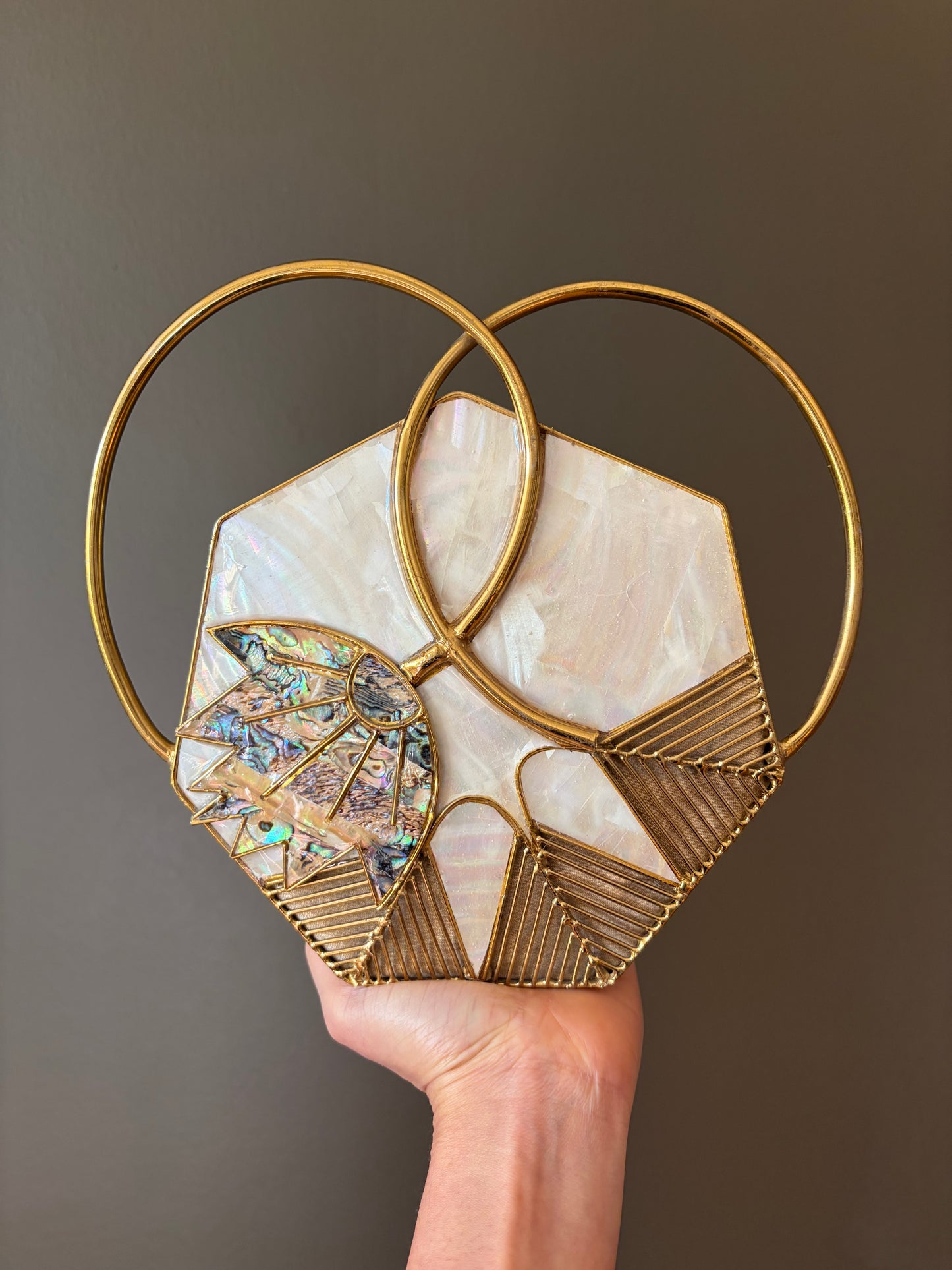 Art Deco Mother-of-Pearl Hexagon Clutch With Dual Gold Rings & Abalone Inlay