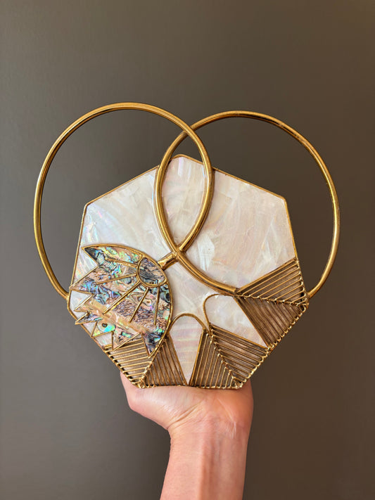 Art Deco Mother-of-Pearl Hexagon Clutch With Dual Gold Rings & Abalone Inlay