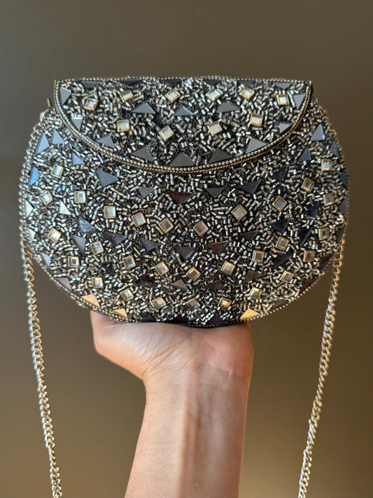 Handcrafted Black & Silver Mosaic Evening Clutch | Luxury Statement Bag with Intricate Detailing | Perfect for Weddings and Events. Vintage