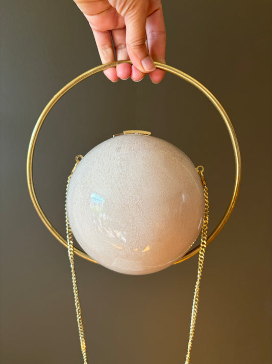 Handmade Mother of Pearl Orb Clutch | Gold Ring Handle Evening Bag