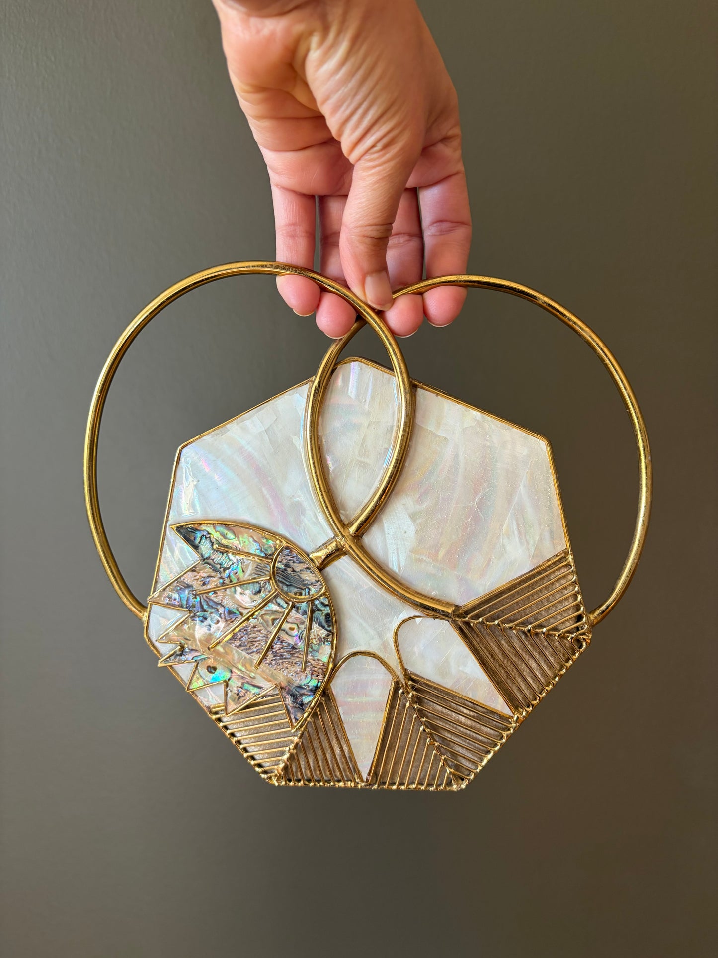 Art Deco Mother-of-Pearl Hexagon Clutch With Dual Gold Rings & Abalone Inlay