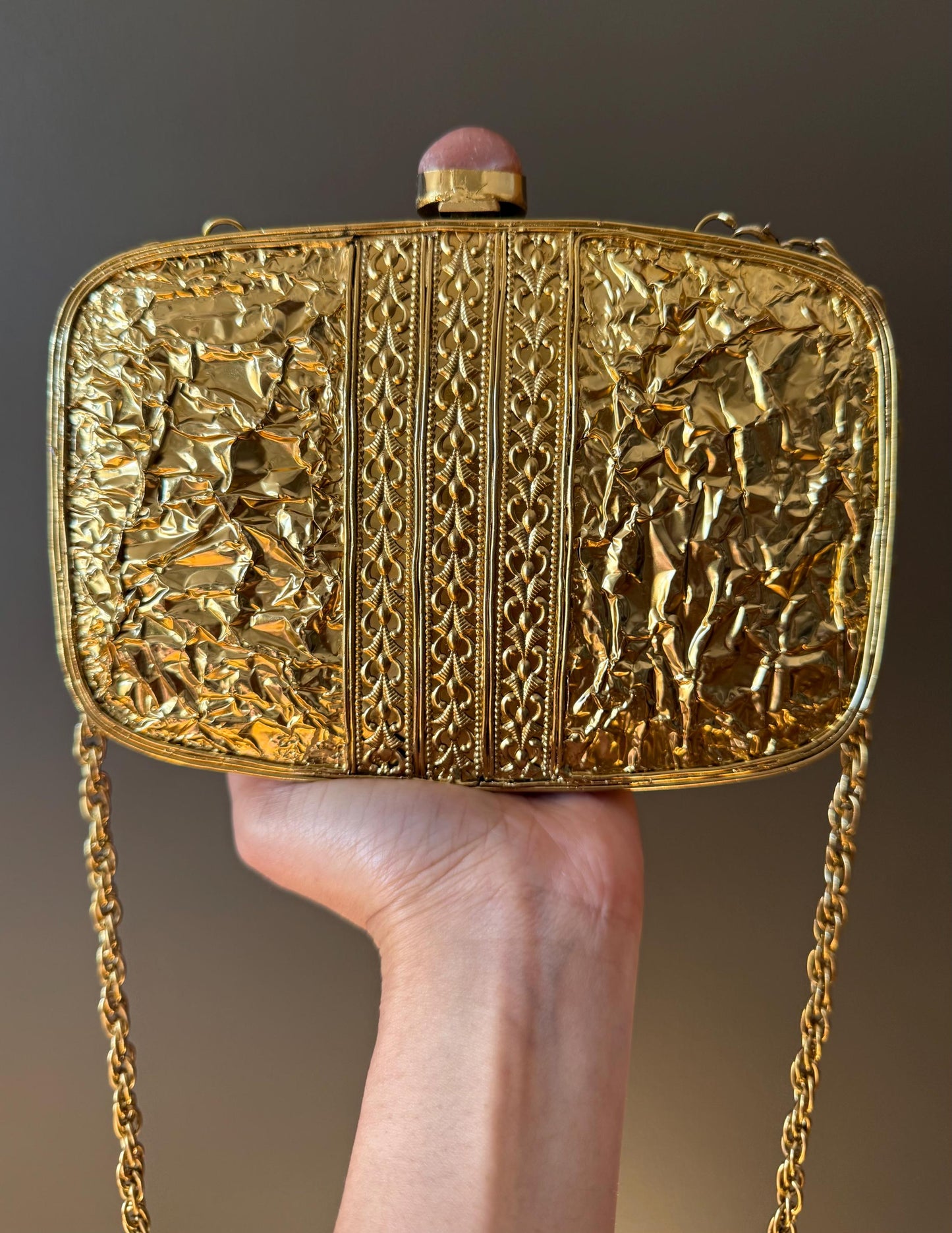 Handcrafted Gold and Pink Iridescent Shell Evening Clutch | Dual-Sided Luxury Purse with Chain | Perfect for Weddings & Special Events.