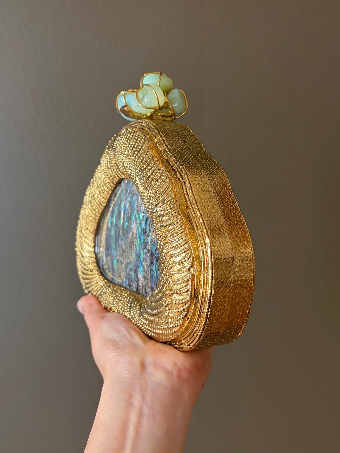 Gold Shell Clutch | Abalone Inlay, Aqua Stone Clasp Evening Bag