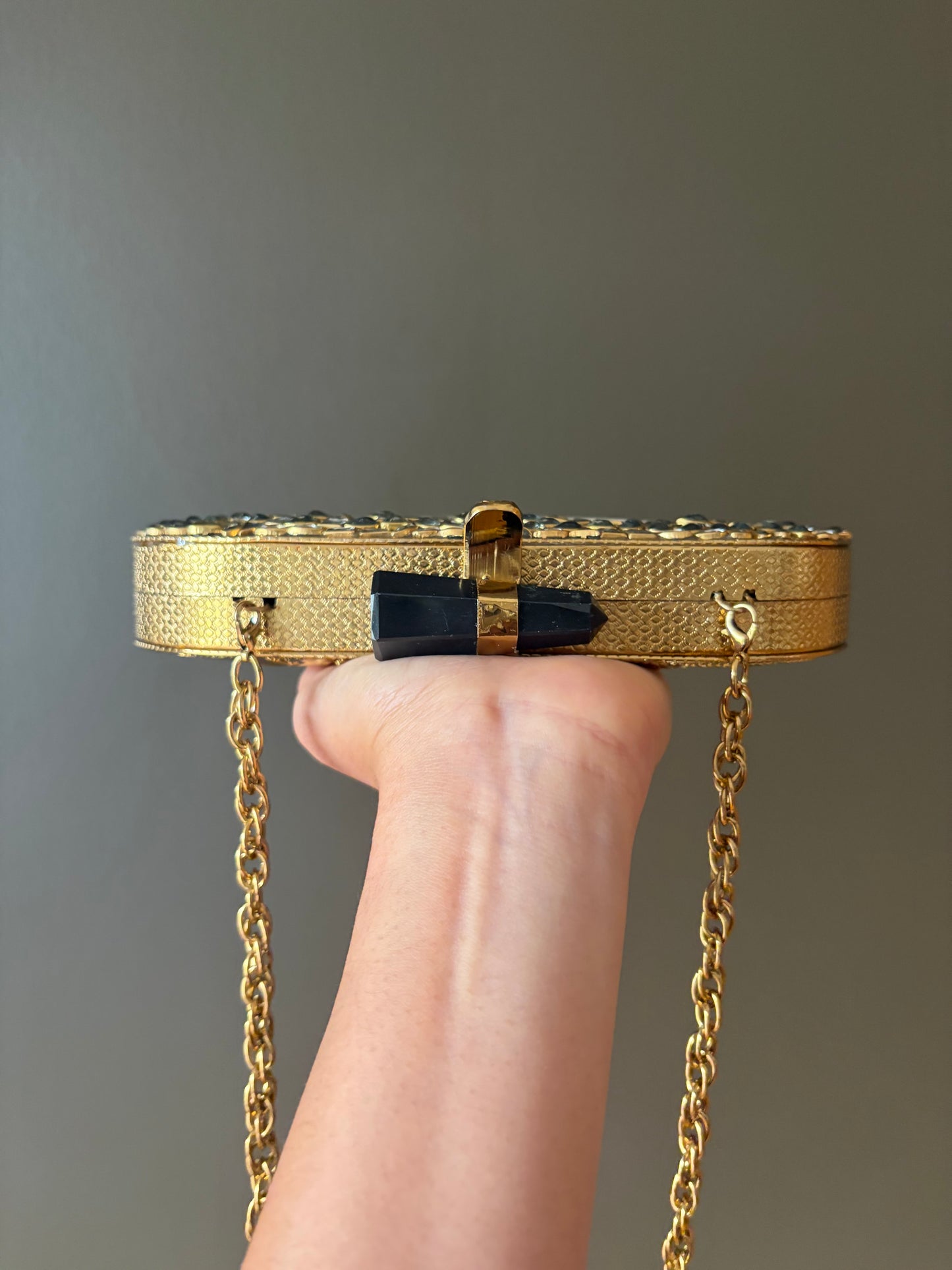 Handmade Mother of Pearl Clutch | Crystal Inlay, Black Stone Clasp