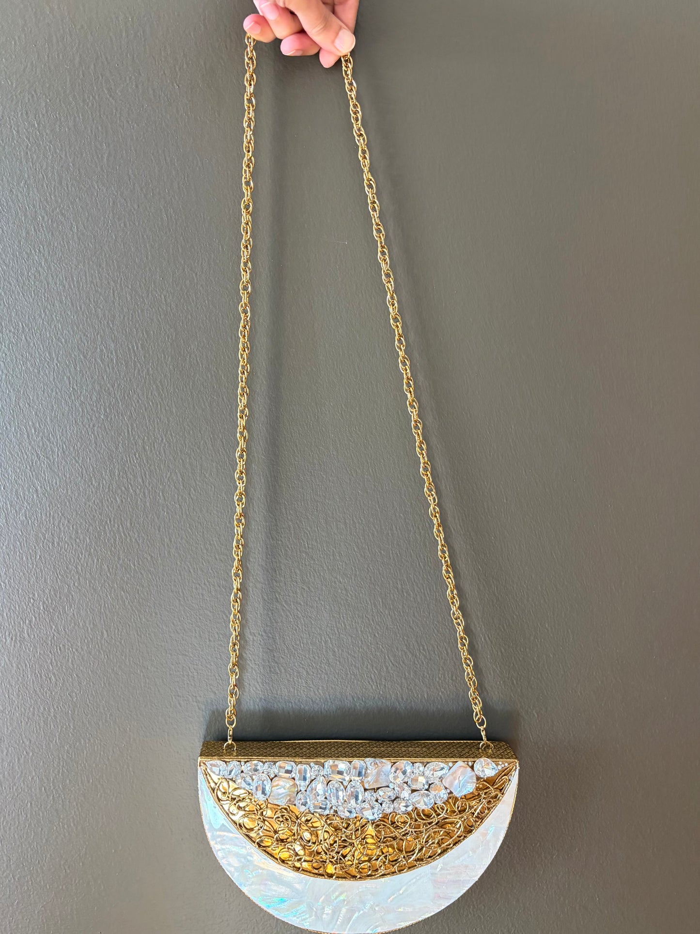 Mother of Pearl Half Moon Clutch – Gold Crystal Evening Handbag