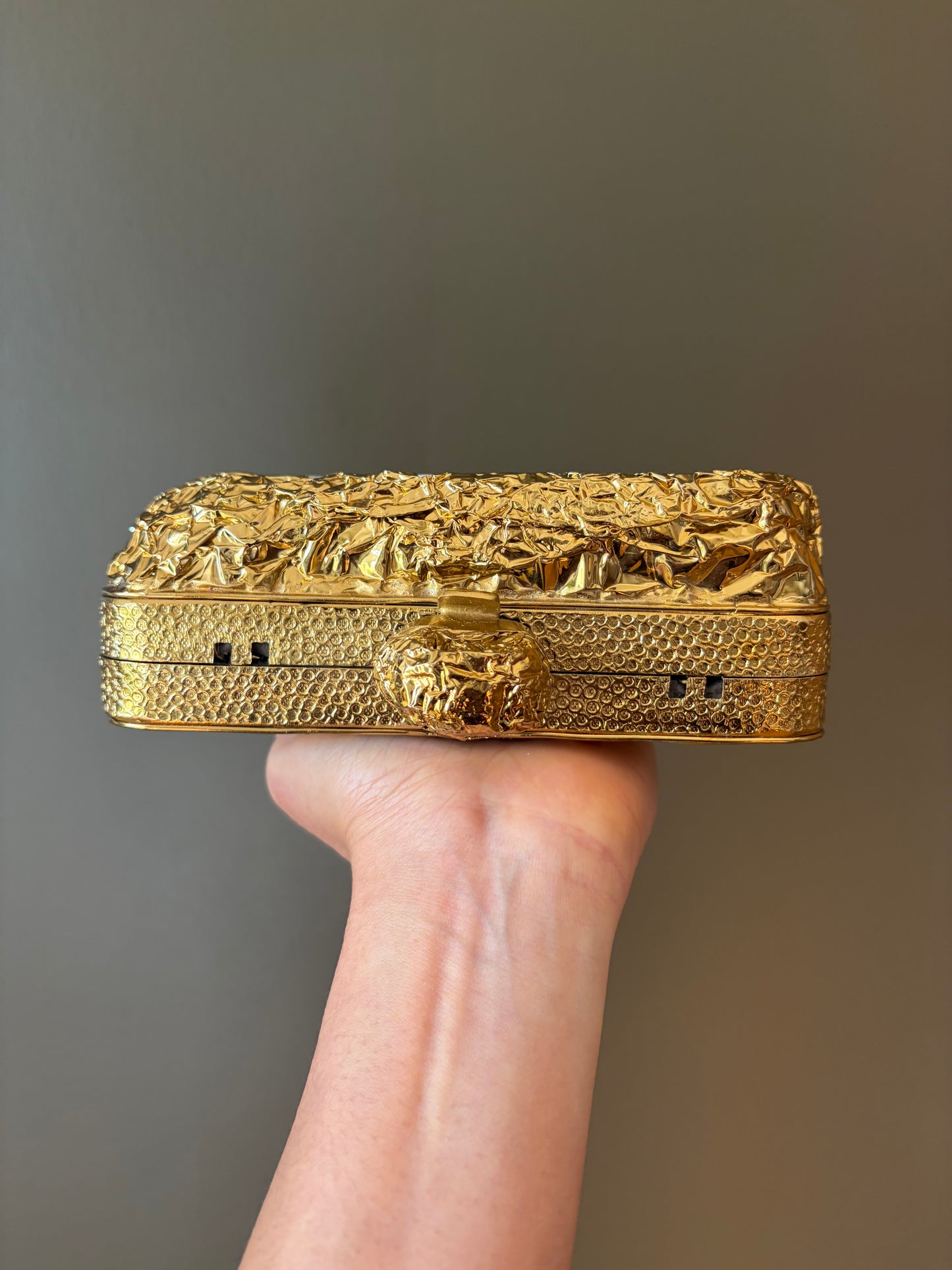 Sculpted Gold Textured Clutch With Authentic Abalone Shell Centerpiece