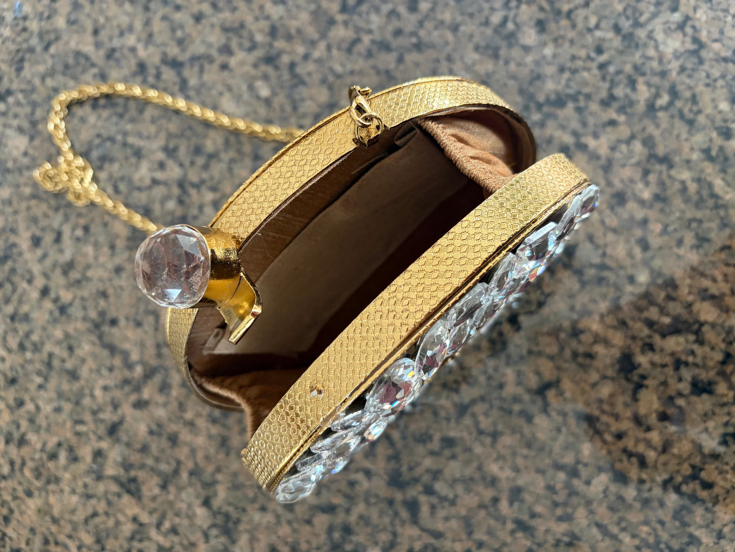 Crystal Rhinestone Round Clutch • Gold Textured Evening Bag