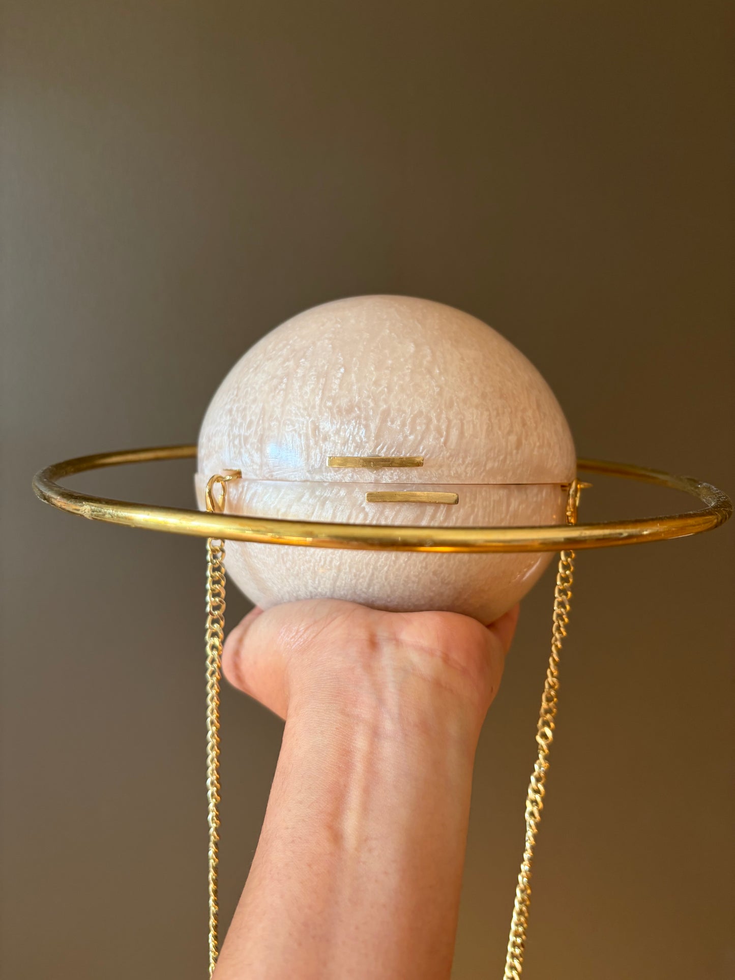 Handmade Mother of Pearl Orb Clutch | Gold Ring Handle Evening Bag