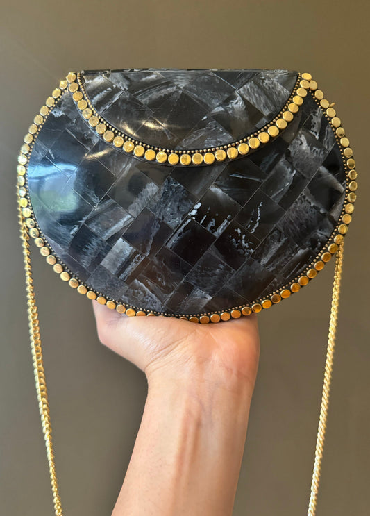 Chic Black/Grey Marbled Acrylic Clutch with Golden Chain Strap - Elegant Evening Bag, Sophisticated Mother of Pearl, Vintage Inspired Luxury