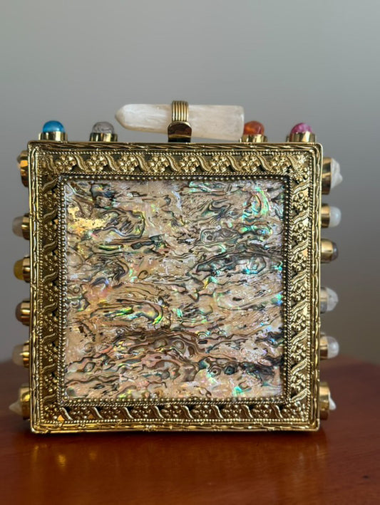 Handmade Abalone Shell & Gemstone Box Clutch – Gold Metal Frame Purse with Crystal Quartz Clasp