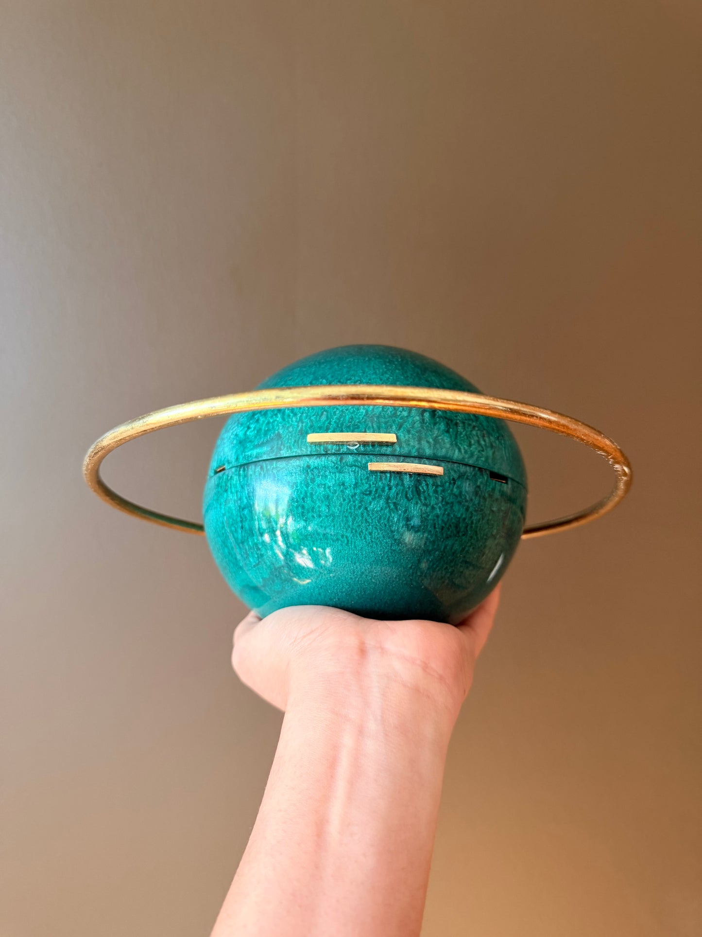 Handmade Turquoise Sphere Clutch with Gold Halo Handle | Round Evening Bag | Unique Statement Purse | Wedding Party Clutch | Gift for Her