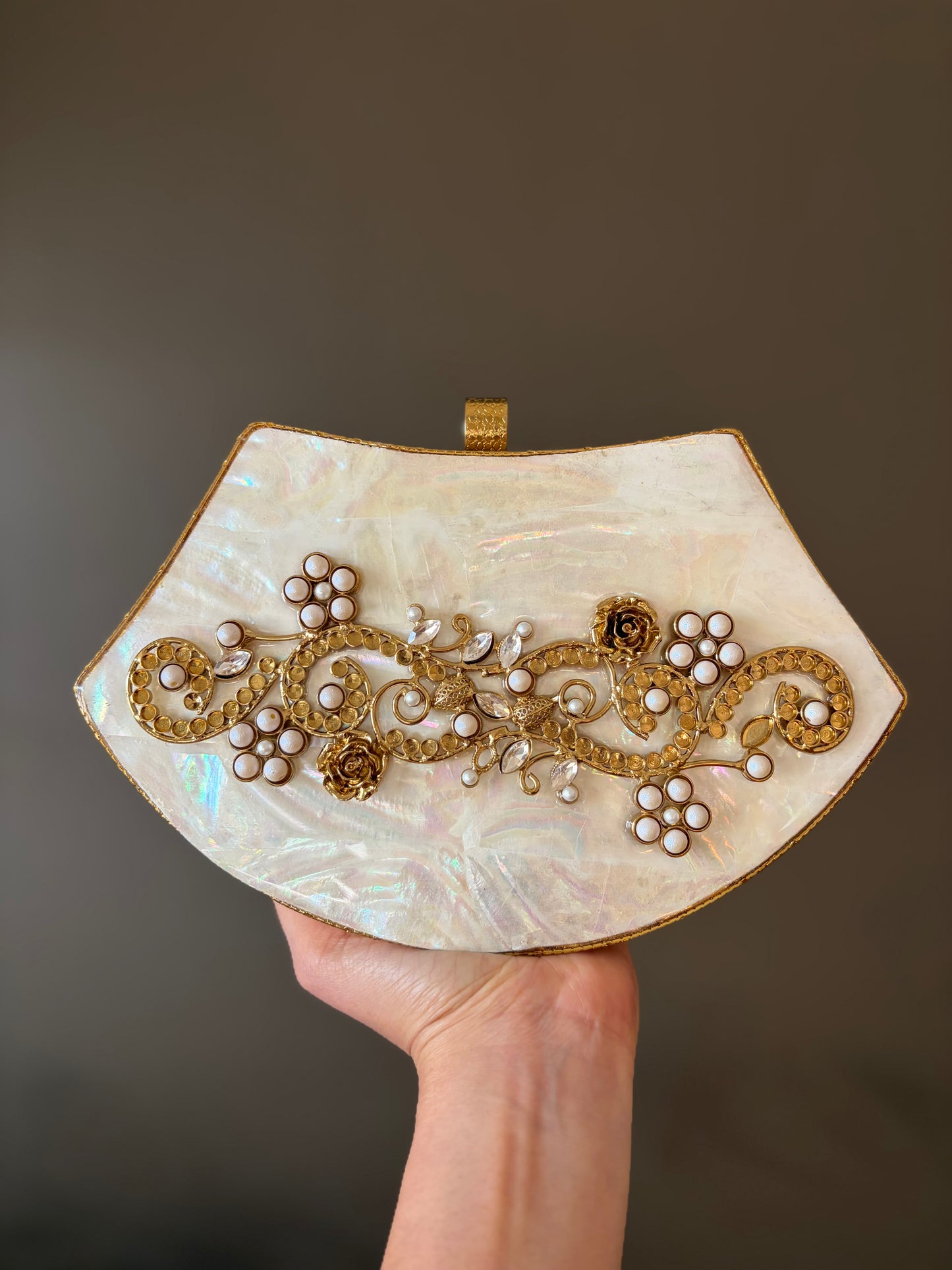 Mother-of-Pearl Gold Embellished Clutch Purse with Pearls & Floral Detailing