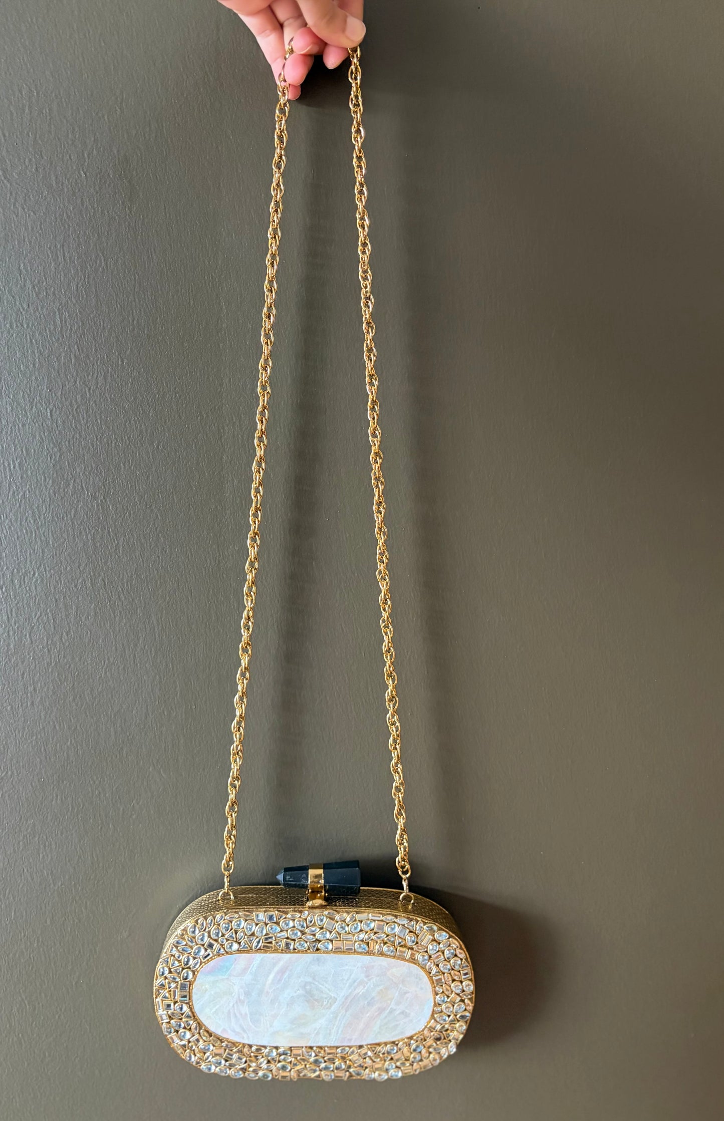 Handmade Mother of Pearl Clutch | Crystal Inlay, Black Stone Clasp