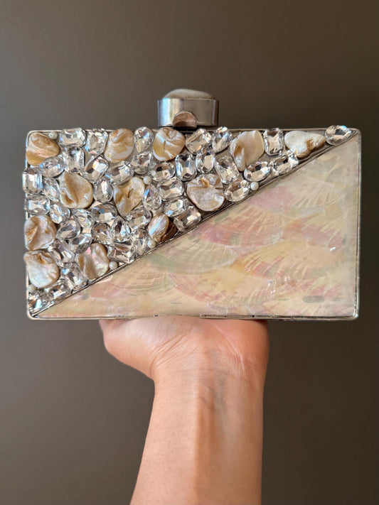 Elegant Handmade Clutch Purse - Mother of Pearl & Crystal Embellished, Silver Metal Frame, Chain Strap - Unique Evening Bag, Gift Ready