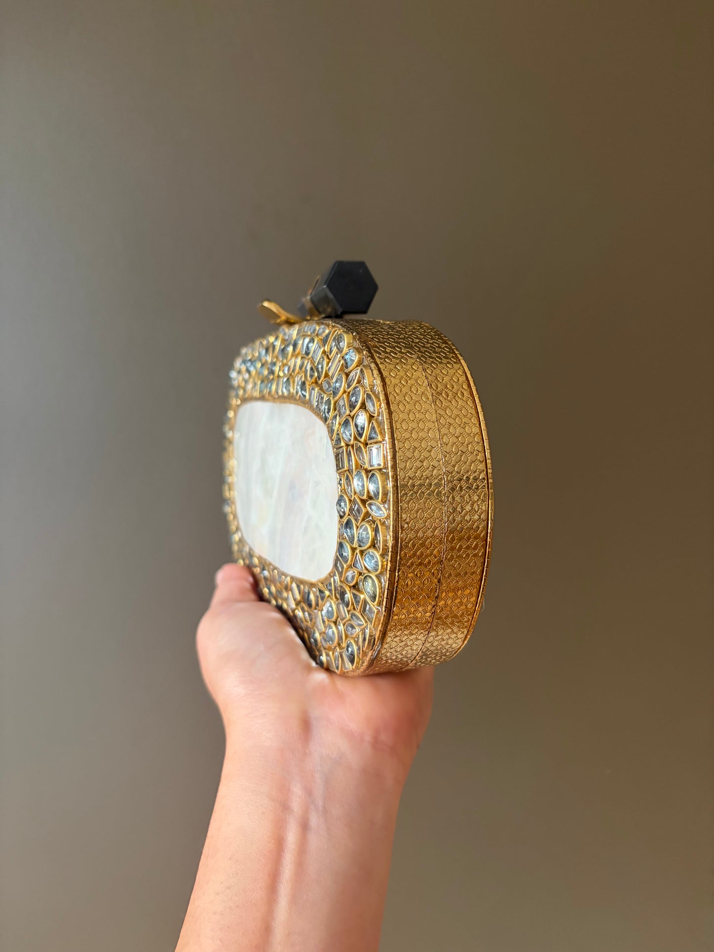 Handmade Mother of Pearl Clutch | Crystal Inlay, Black Stone Clasp