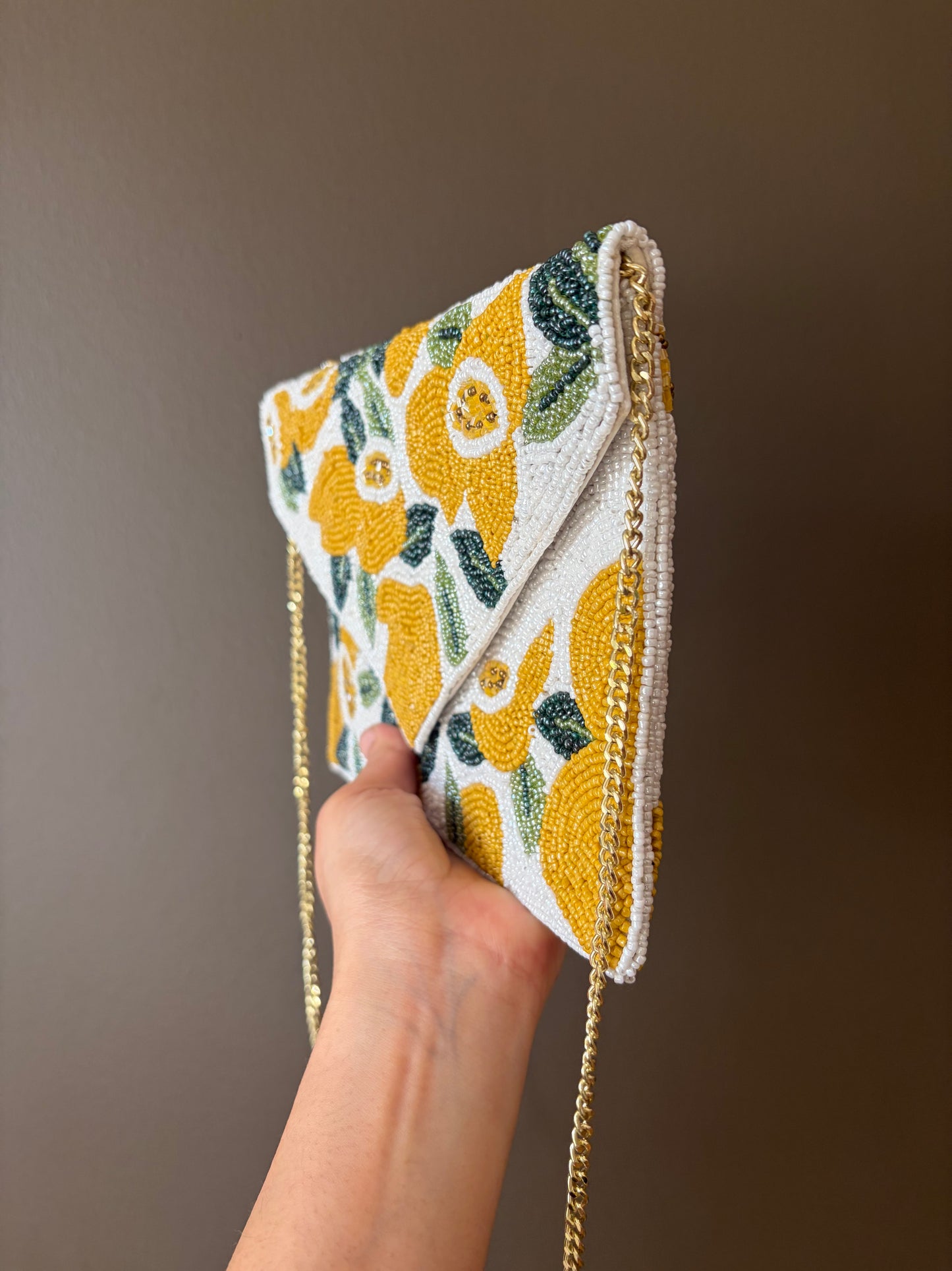 Handmade Lemon Beaded Clutch – Yellow Citrus Crossbody Bag