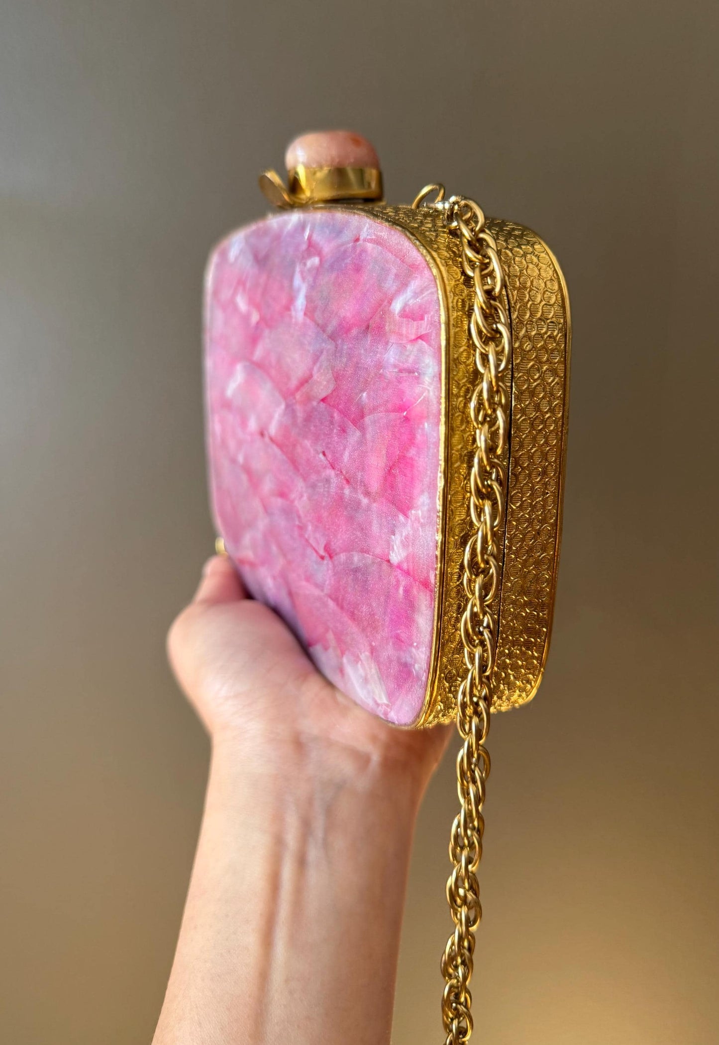 Handcrafted Gold and Pink Iridescent Shell Evening Clutch | Dual-Sided Luxury Purse with Chain | Perfect for Weddings & Special Events.