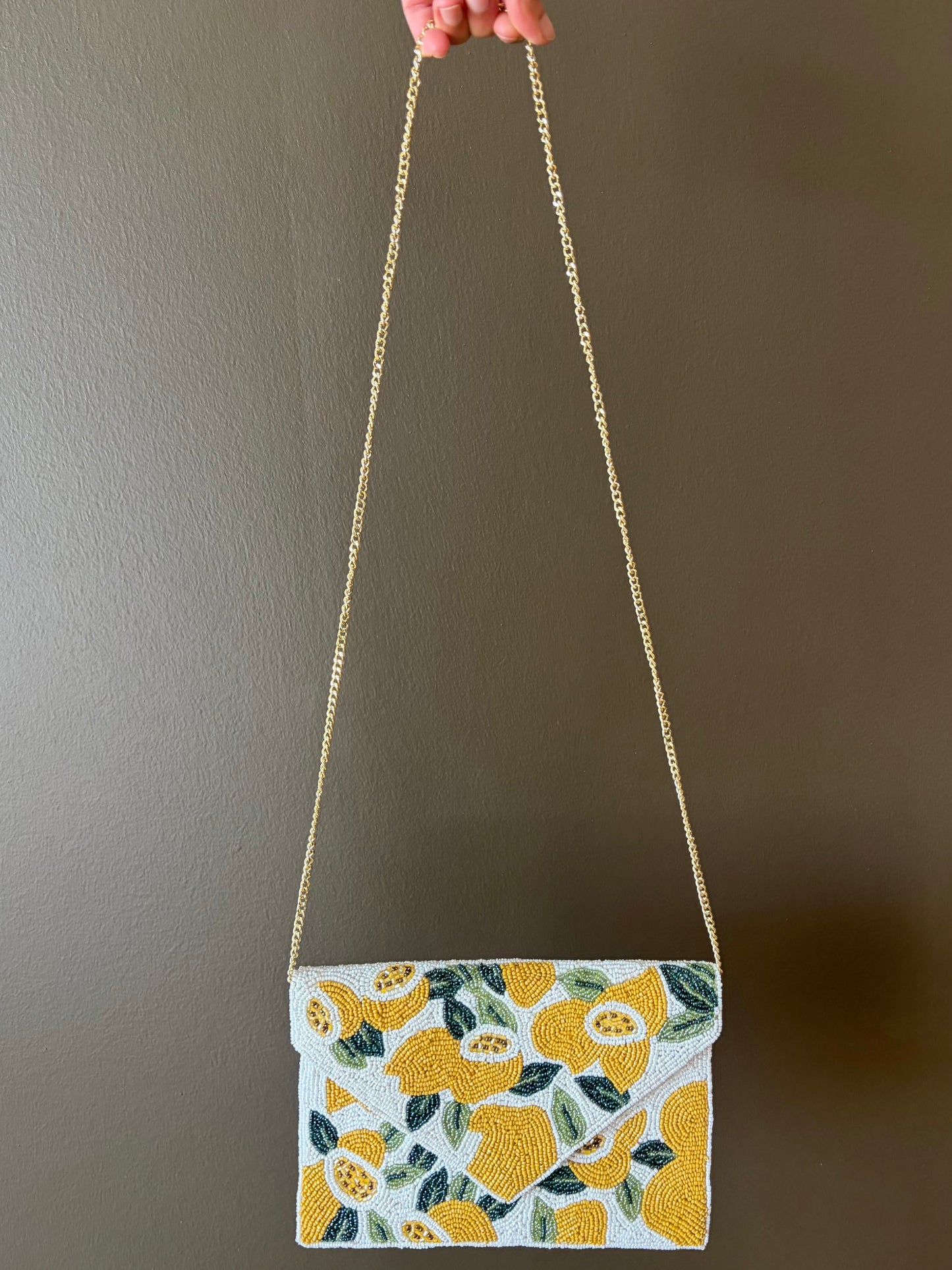 Handmade Lemon Beaded Clutch – Yellow Citrus Crossbody Bag