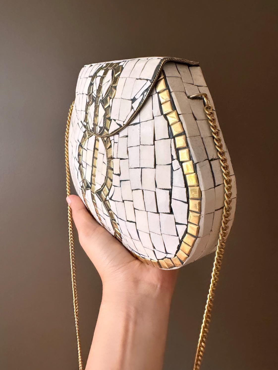 Handcrafted White and Gold Mother of Pearl Mosaic Clutch - Unique Shell Purse with Gold Strap - Elegant Statement Piece for Formal Events