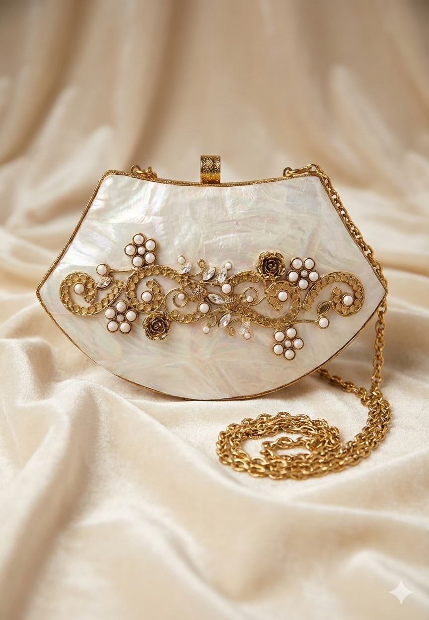 Mother-of-Pearl Gold Embellished Clutch Purse with Pearls & Floral Detailing