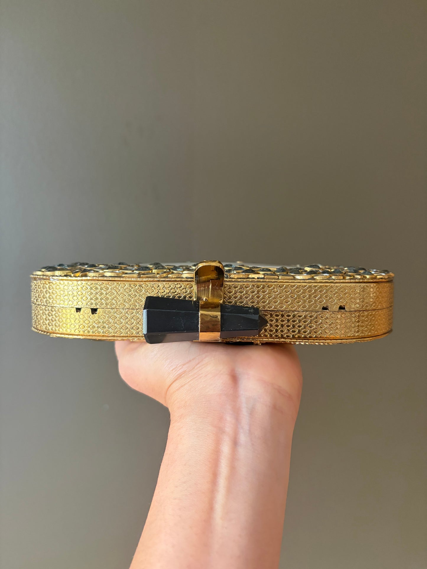 Handmade Mother of Pearl Clutch | Crystal Inlay, Black Stone Clasp
