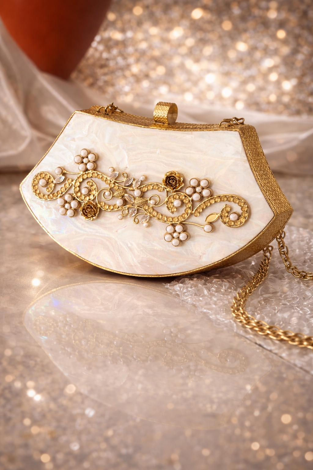 Mother-of-Pearl Gold Embellished Clutch Purse with Pearls & Floral Detailing