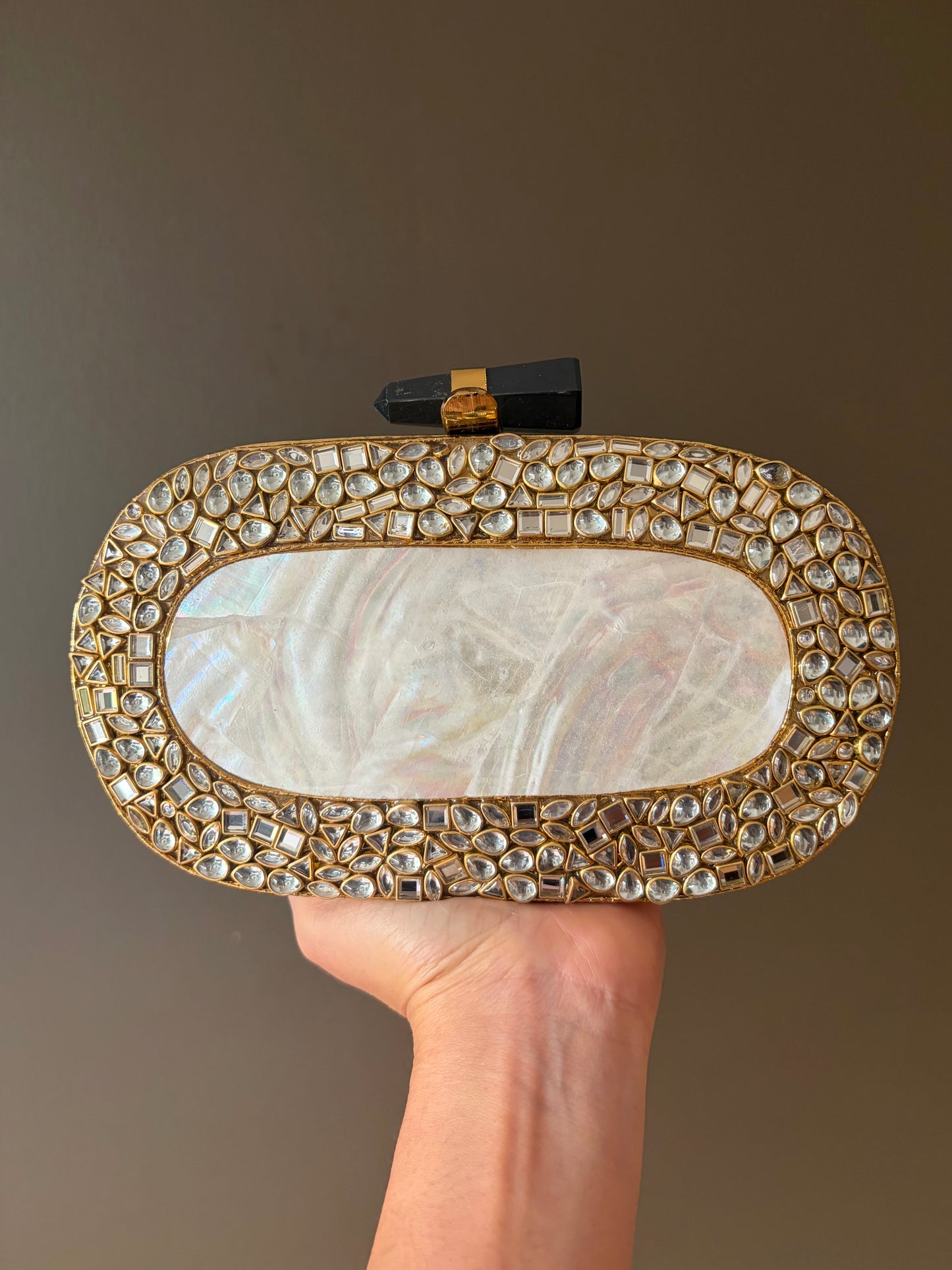 Handmade Mother of Pearl Clutch | Crystal Inlay, Black Stone Clasp