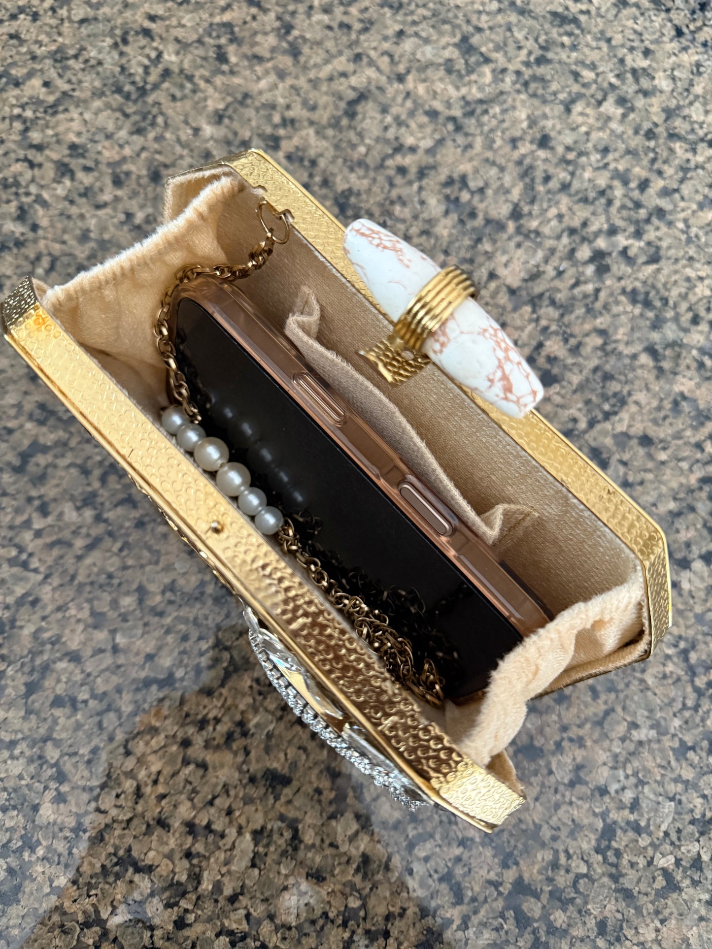 Gold Geode Clutch – Luxury Agate Stone Evening Bag with Pearl Chain