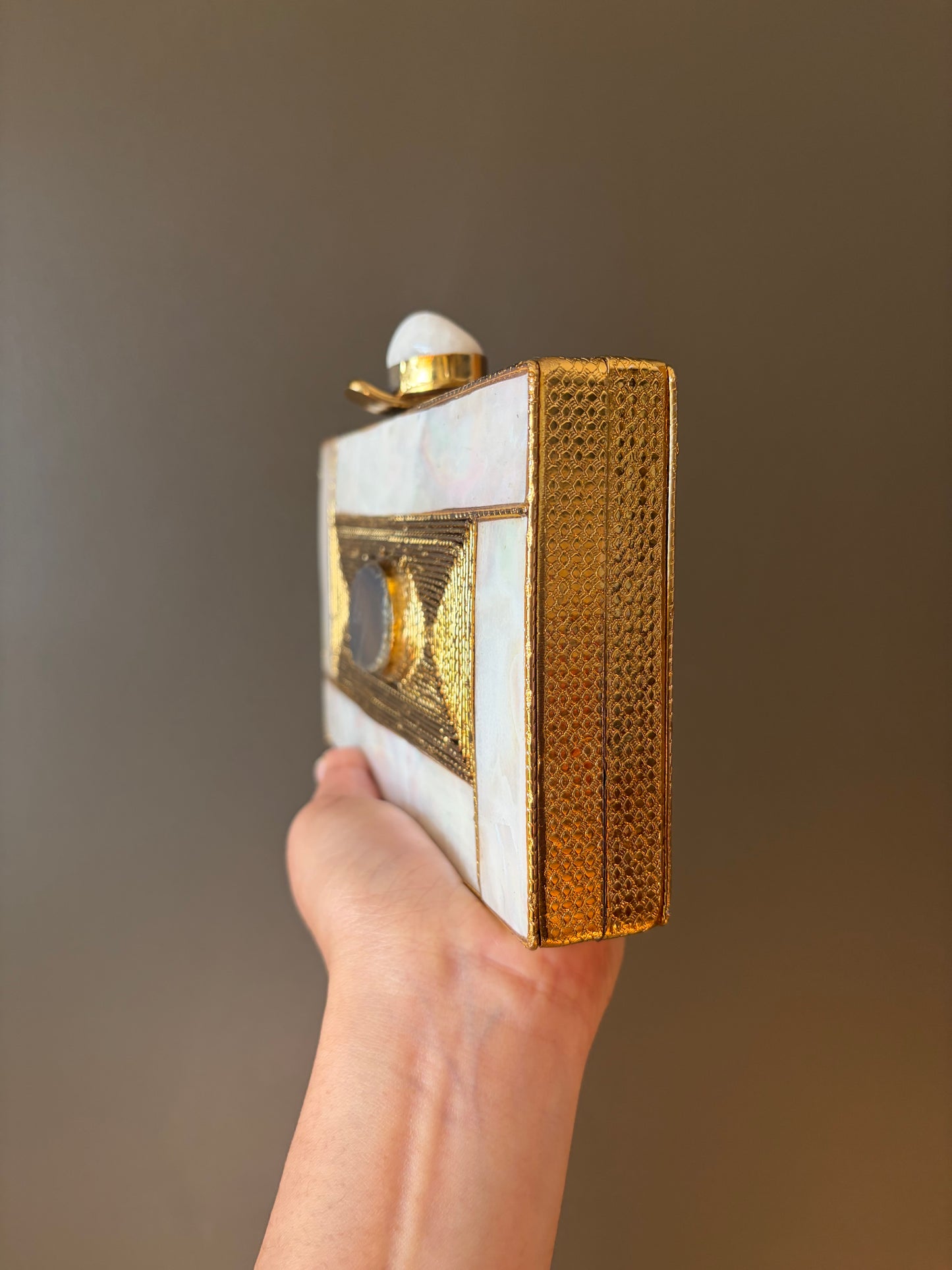 Handmade Mother of Pearl Clutch: Agate Stone Evening Bag