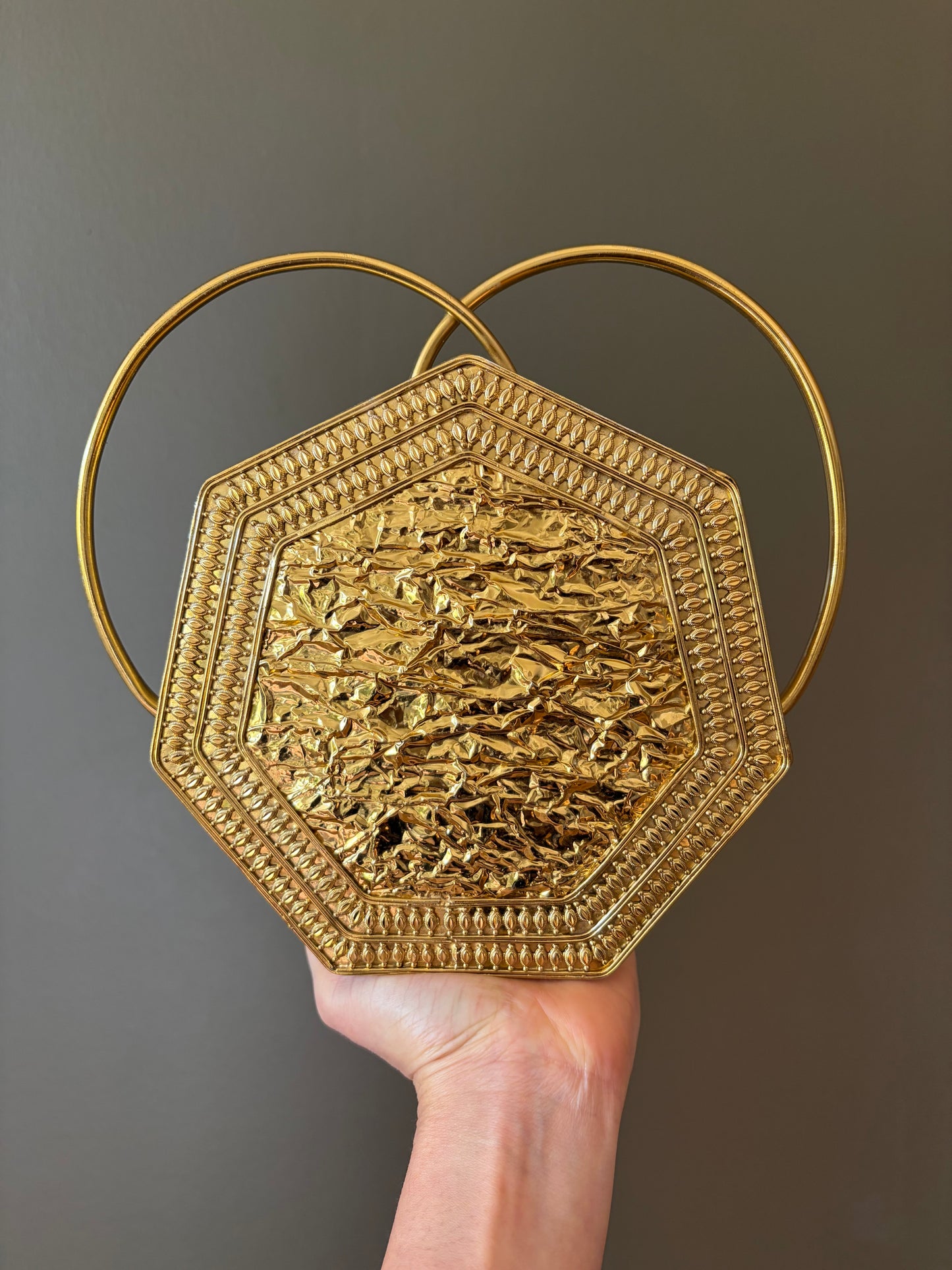 Art Deco Mother-of-Pearl Hexagon Clutch With Dual Gold Rings & Abalone Inlay